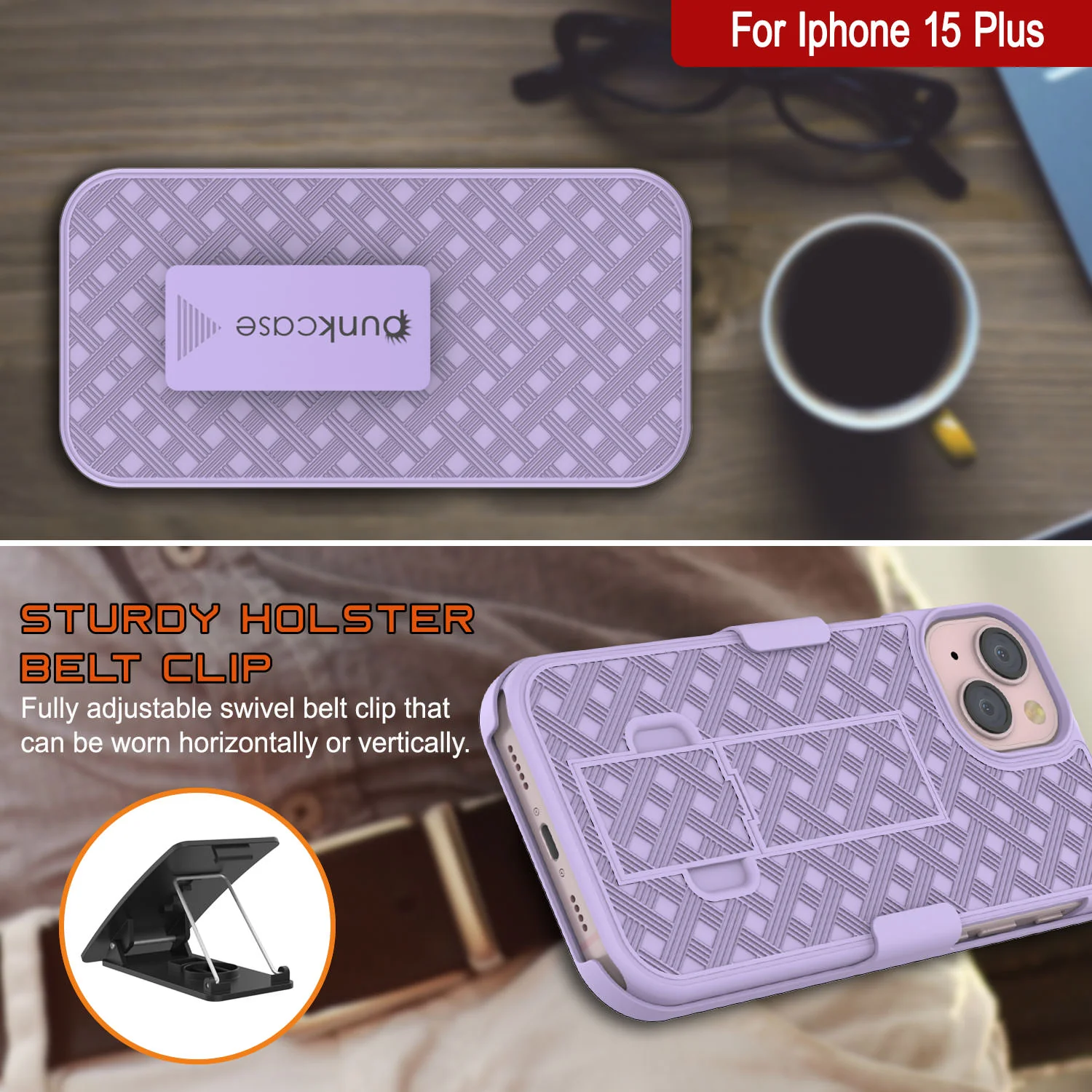 iPhone 15 Plus Case With Tempered Glass Screen Protector, Holster Belt Clip & Built-In Kickstand [Lilac]