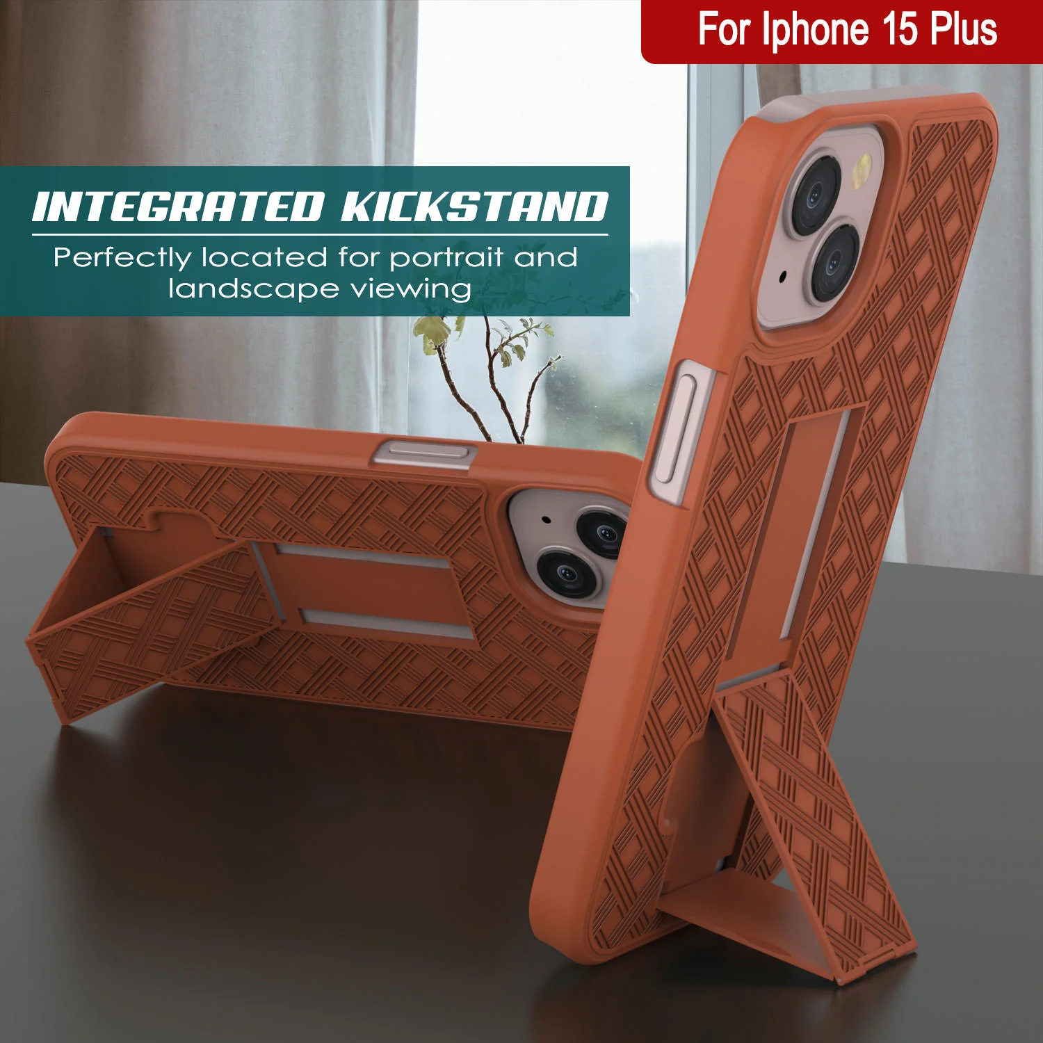 iPhone 15 Plus Case With Tempered Glass Screen Protector, Holster Belt Clip & Built-In Kickstand [Orange]