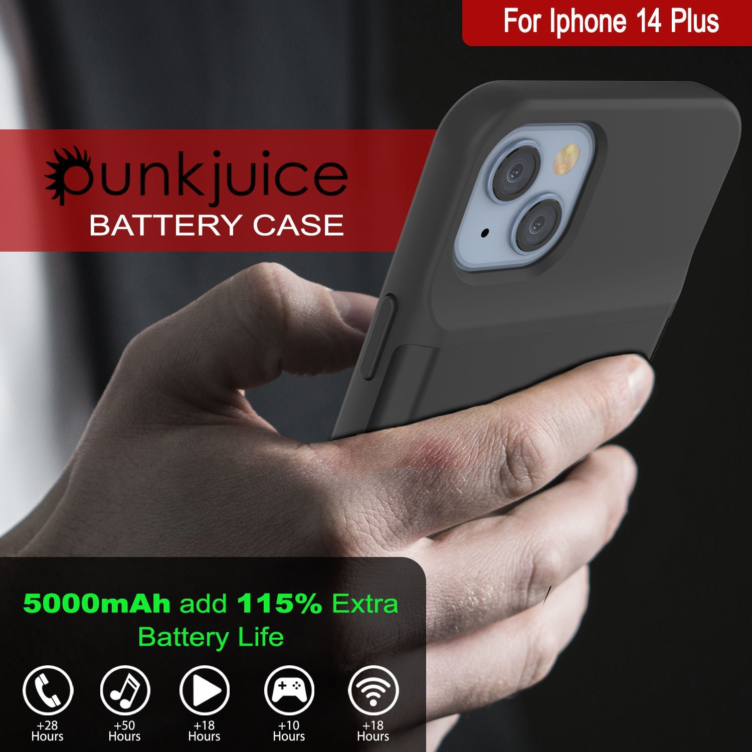 iPhone 14 Plus Battery Case, PunkJuice 4800mAH Fast Charging Power Bank W/ Screen Protector | [Black]