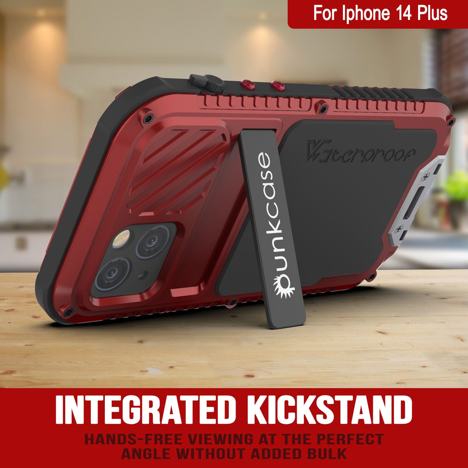 iPhone 16 Plus Metal Extreme 3.0 Series Aluminum Waterproof Case IP68 W/Buillt in Screen Protector & Kickstand [Red]