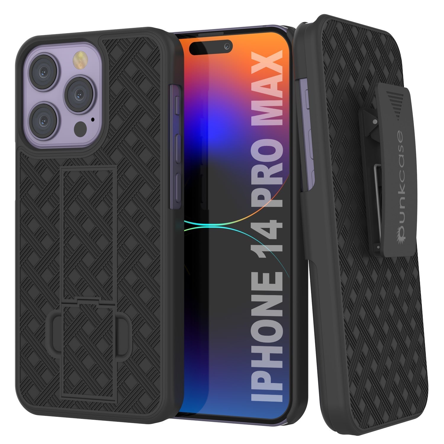 iPhone 15 Pro Max Case With Tempered Glass Screen Protector, Holster Belt Clip & Built-In Kickstand [Orange]