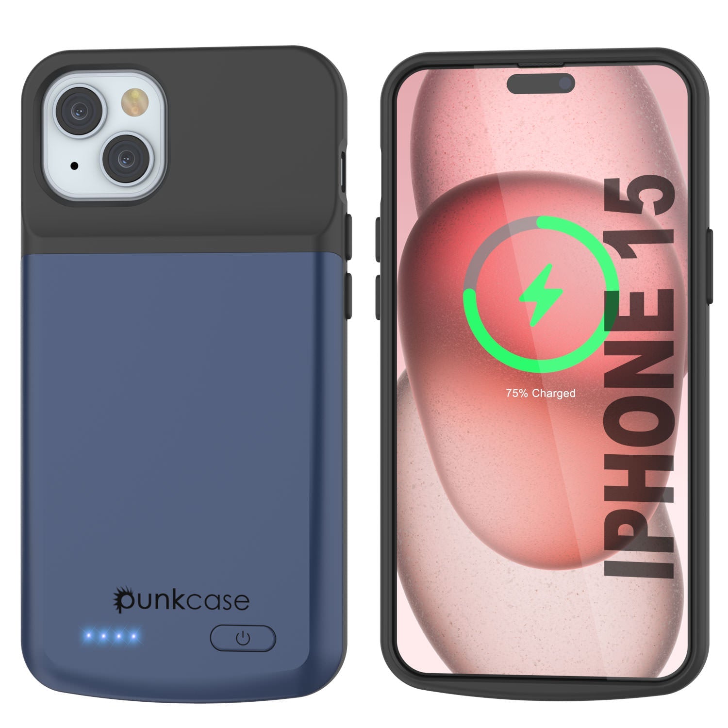 iPhone 15 Battery Case, PunkJuice 5000mAH Fast Charging Power Bank W/ Screen Protector | [Navy Blue]