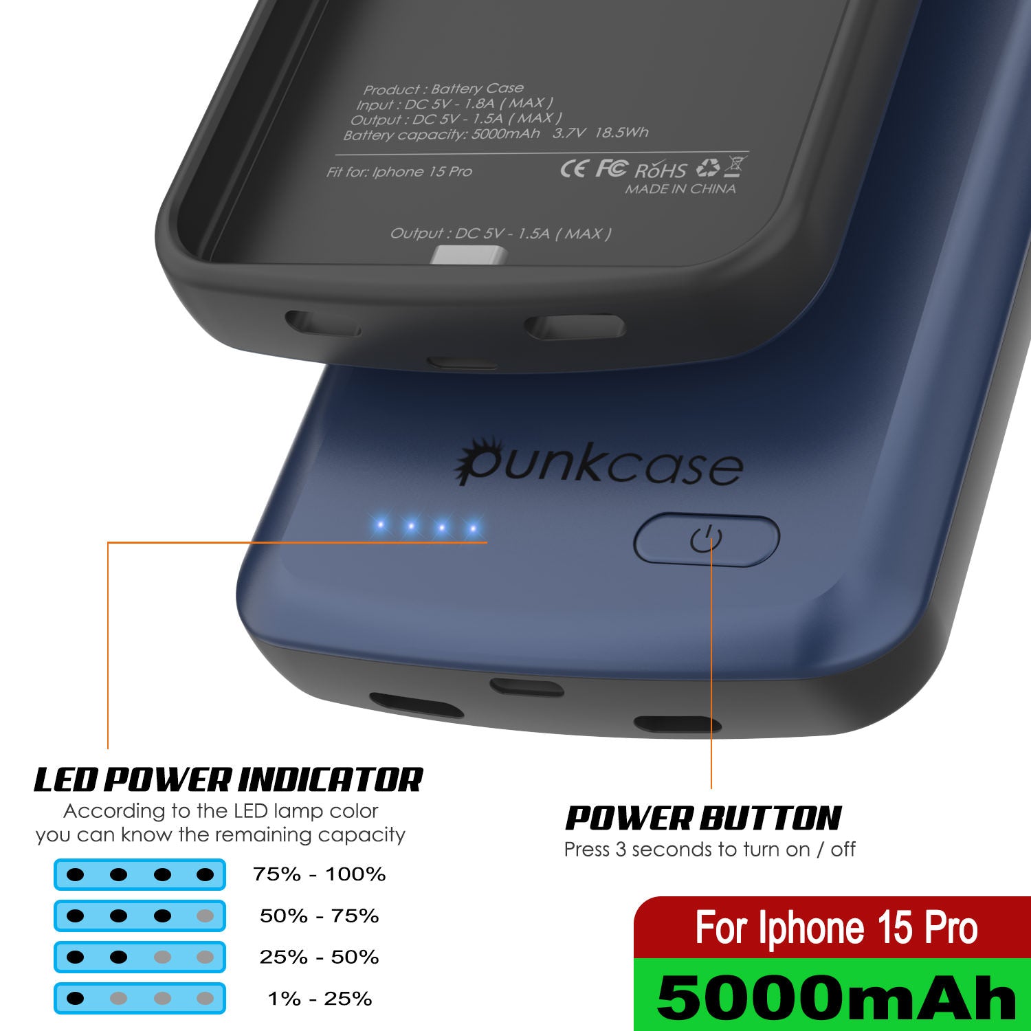 iPhone 16 Pro Battery Case, PunkJuice 5000mAH Fast Charging MagSafe Power Bank W/ Screen Protector | [Navy Blue]