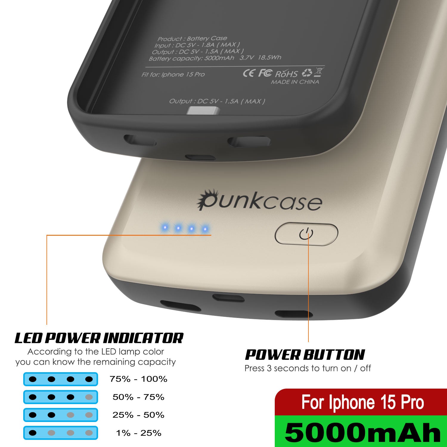 iPhone 16 Pro Battery Case, PunkJuice 5000mAH Fast Charging MagSafe Power Bank W/ Screen Protector | [Gold]