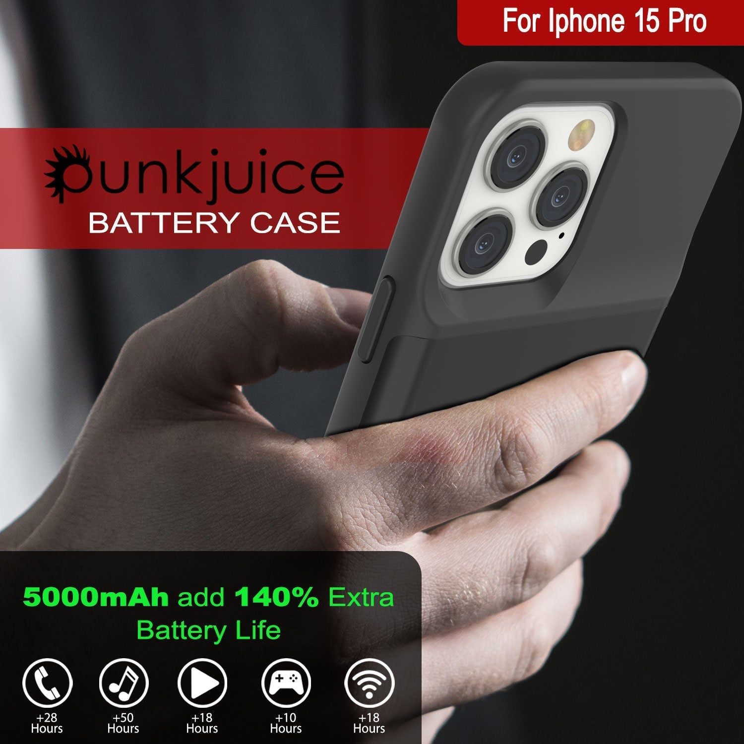 iPhone 16 Pro Battery Case, PunkJuice 5000mAH Fast Charging MagSafe Power Bank W/ Screen Protector | [Black]