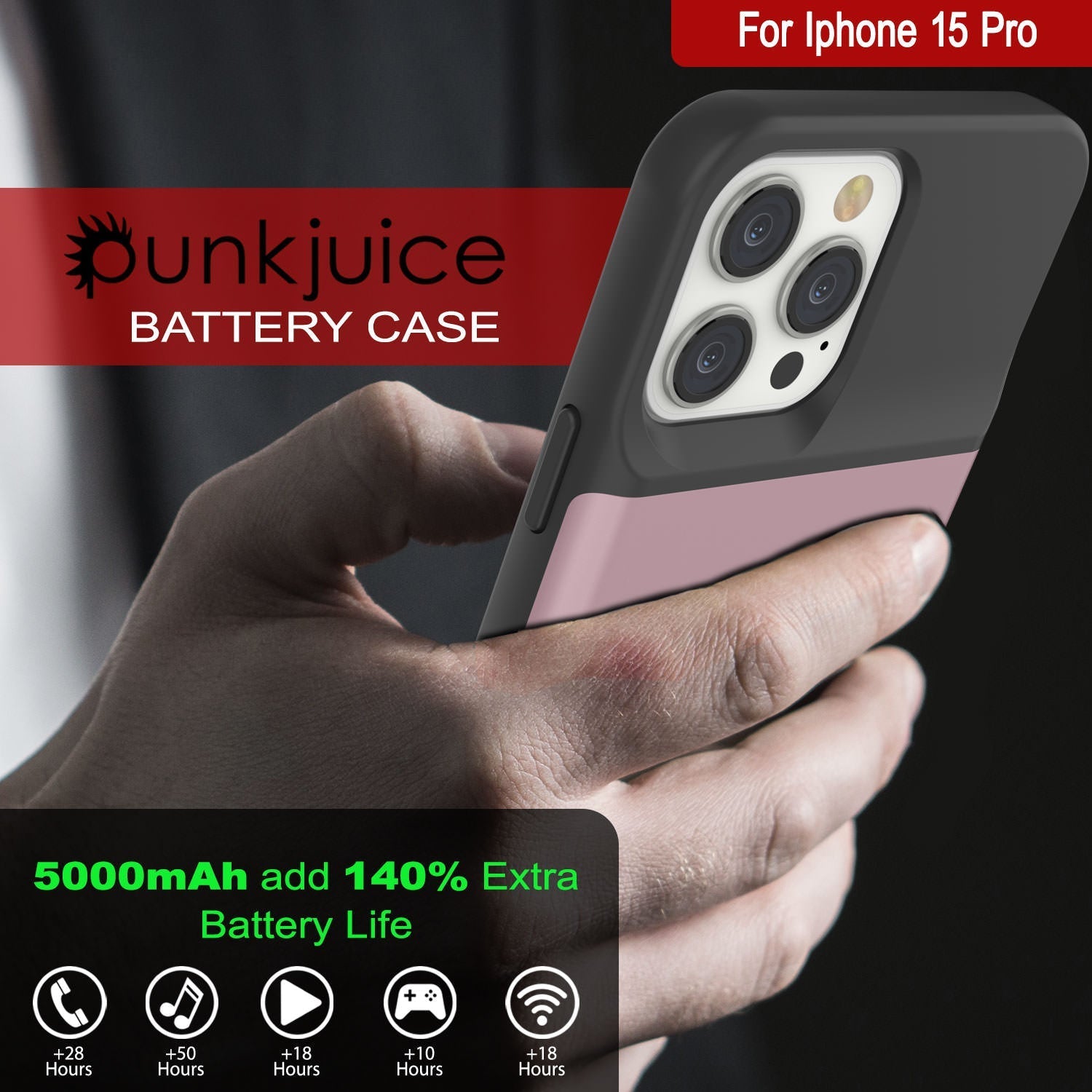 iPhone 16 Pro Battery Case, PunkJuice 5000mAH Fast Charging MagSafe Power Bank W/ Screen Protector | [Rose-Gold]