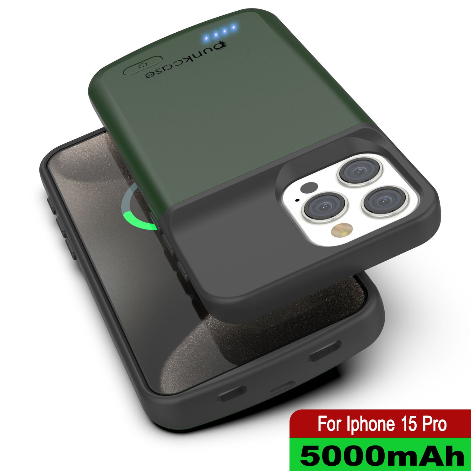 iPhone 16 Pro Battery Case, PunkJuice 5000mAH Fast Charging MagSafe Power Bank W/ Screen Protector | [Green]