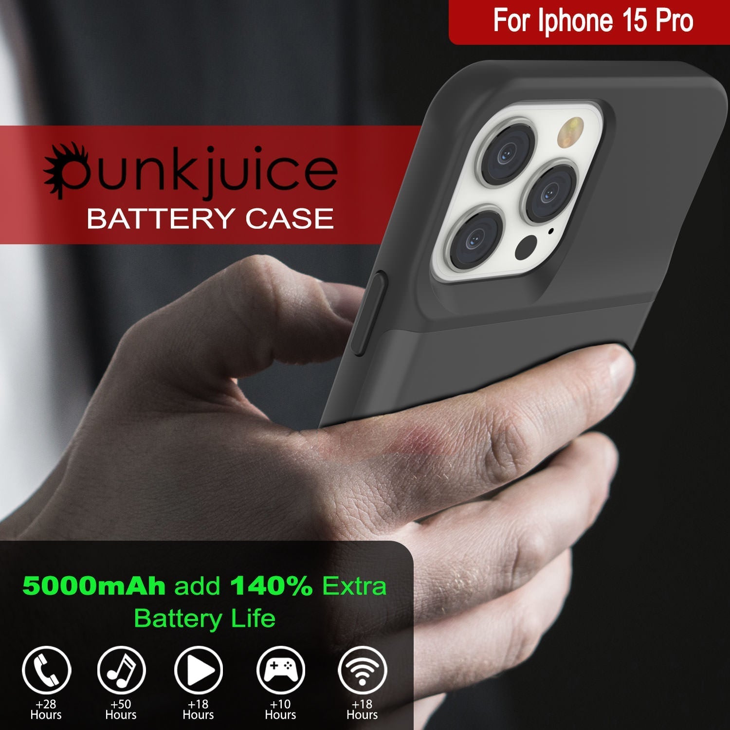 iPhone 16 Pro Battery Case, PunkJuice 5000mAH Fast Charging MagSafe Power Bank W/ Screen Protector | [Grey]