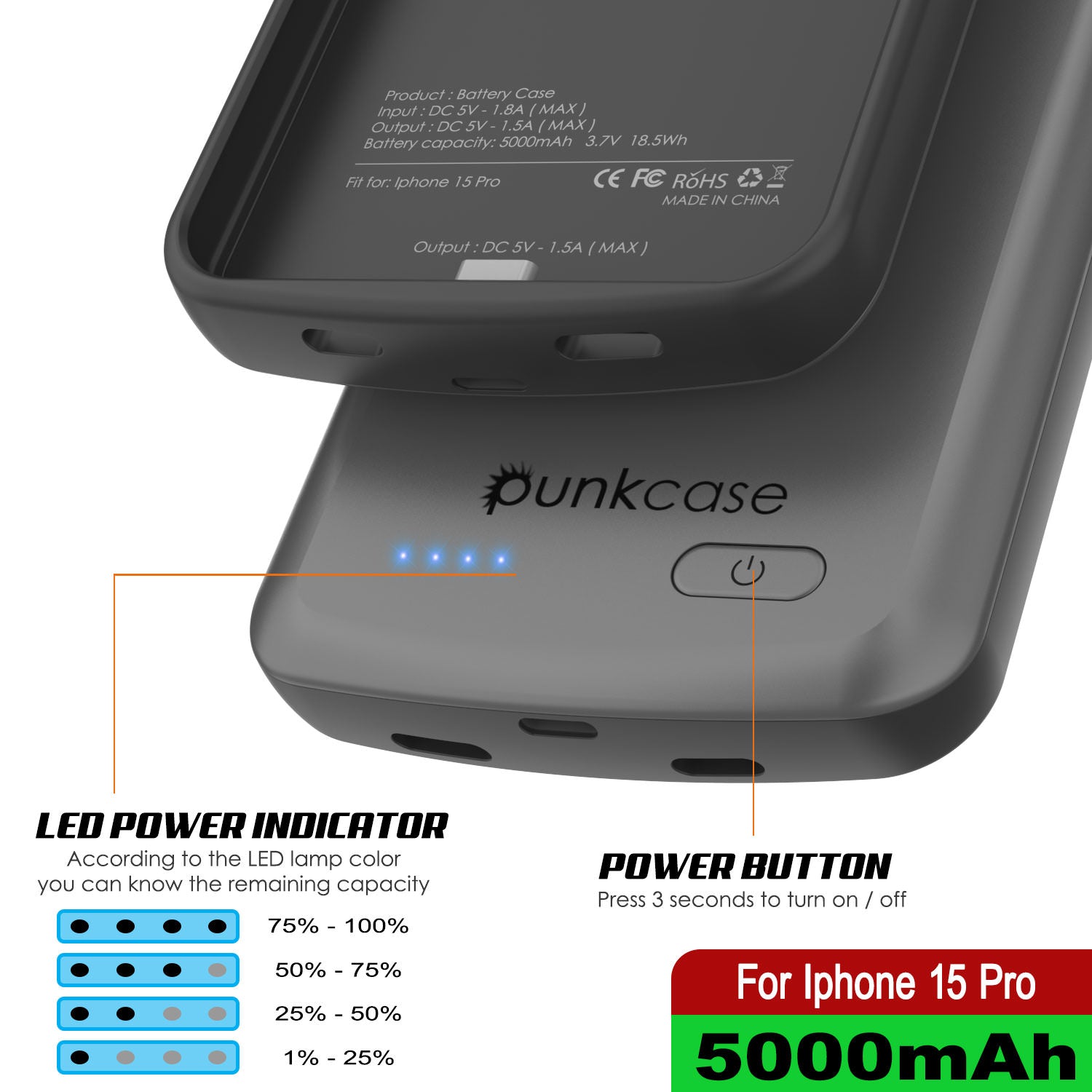 iPhone 16 Pro Battery Case, PunkJuice 5000mAH Fast Charging MagSafe Power Bank W/ Screen Protector | [Grey]