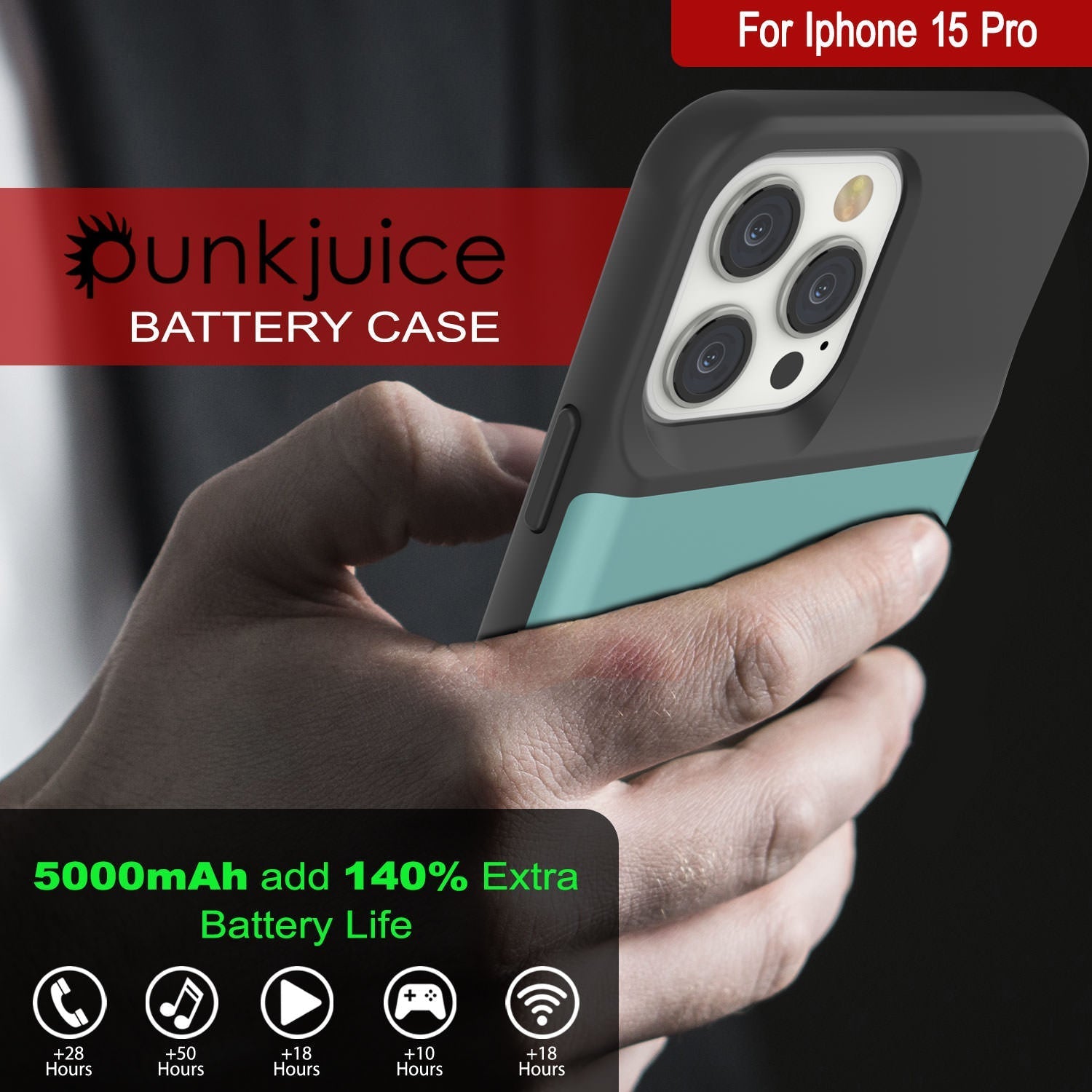 iPhone 16 Pro Battery Case, PunkJuice 5000mAH Fast Charging MagSafe Power Bank W/ Screen Protector | [Teal]