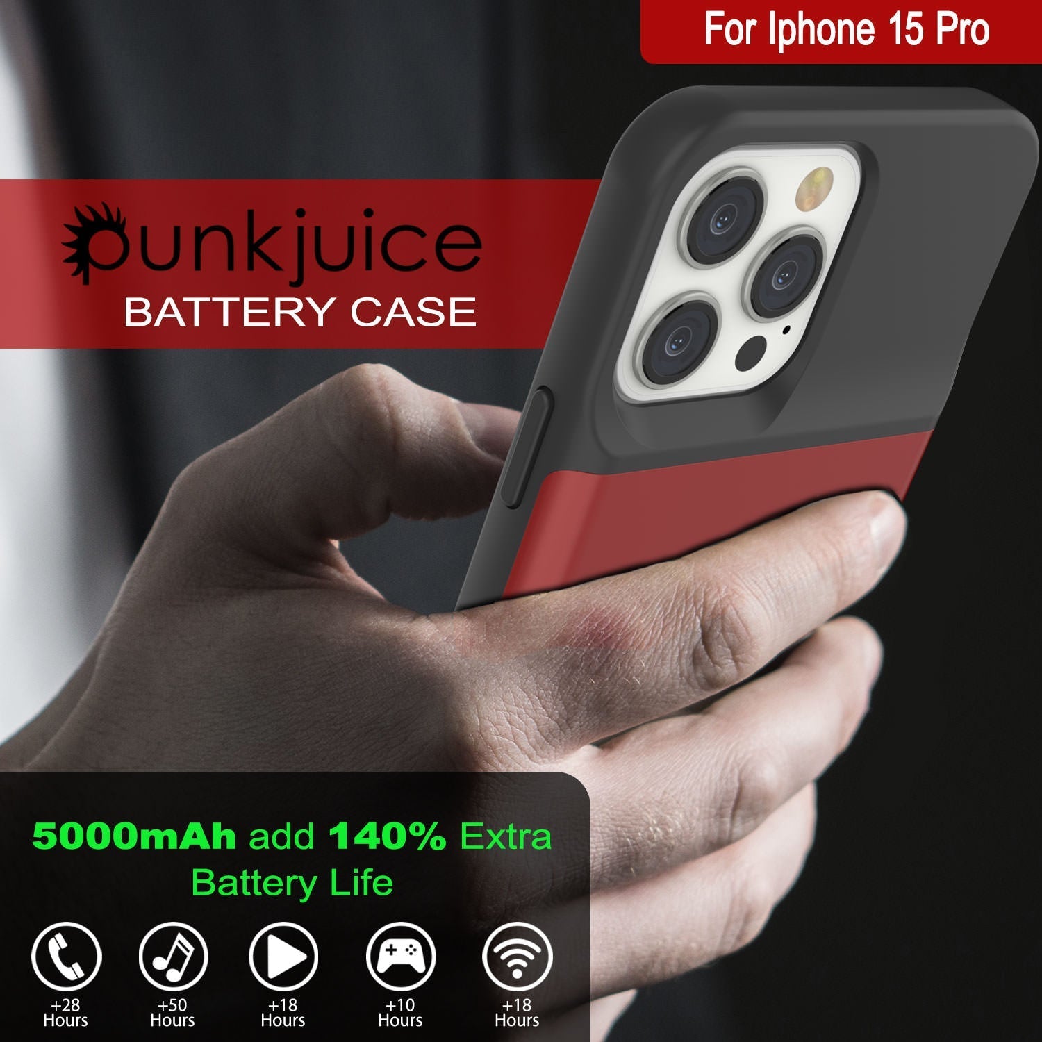 iPhone 16 Pro Battery Case, PunkJuice 5000mAH Fast Charging MagSafe Power Bank W/ Screen Protector | [Red]