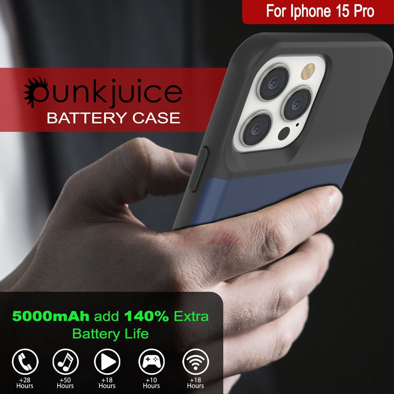 iPhone 16 Pro Battery Case, PunkJuice 5000mAH Fast Charging MagSafe Power Bank W/ Screen Protector | [Navy Blue]