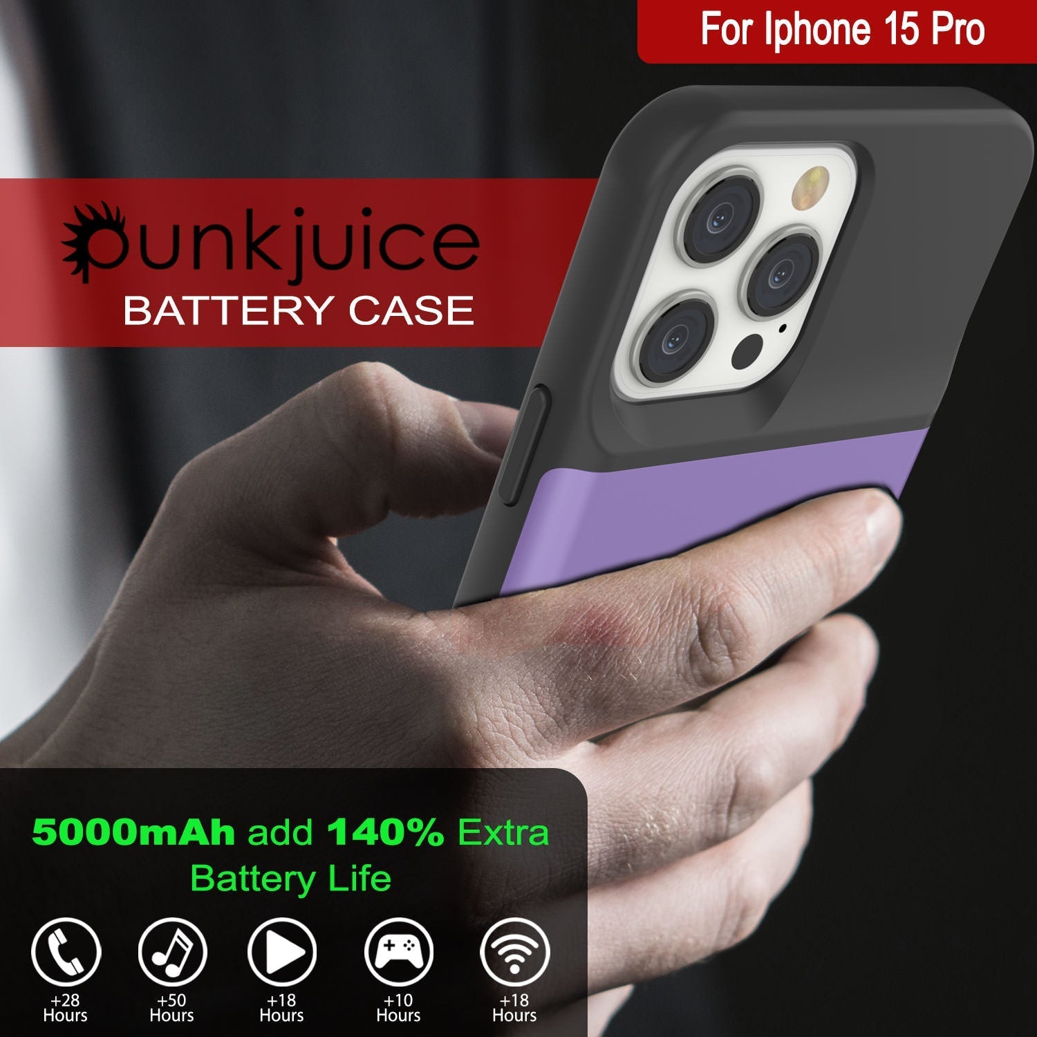 iPhone 16 Pro Battery Case, PunkJuice 5000mAH Fast Charging MagSafe Power Bank W/ Screen Protector | [Purple]