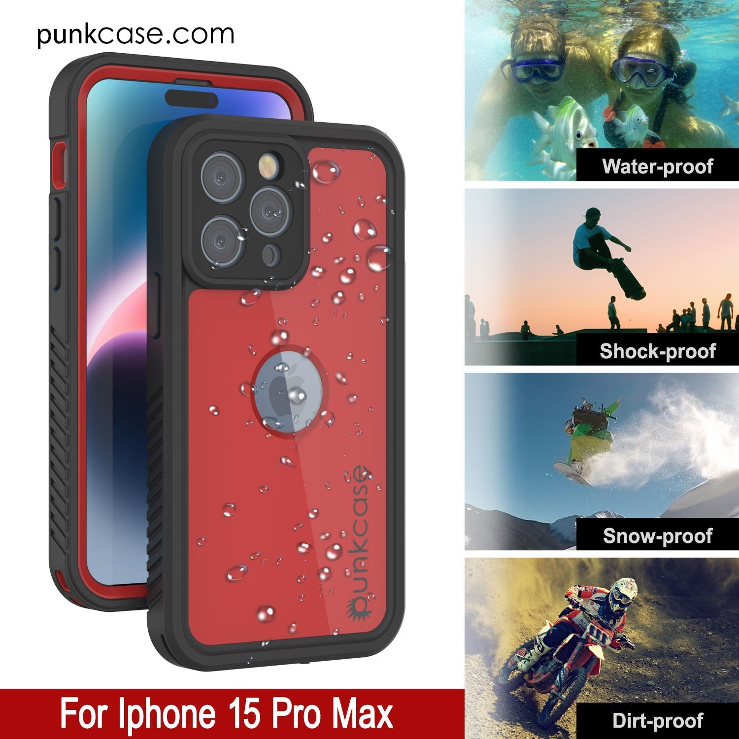 iPhone 16 Pro Max Waterproof IP68 Case, Punkcase [Red] [StudStar Series] [Slim Fit]