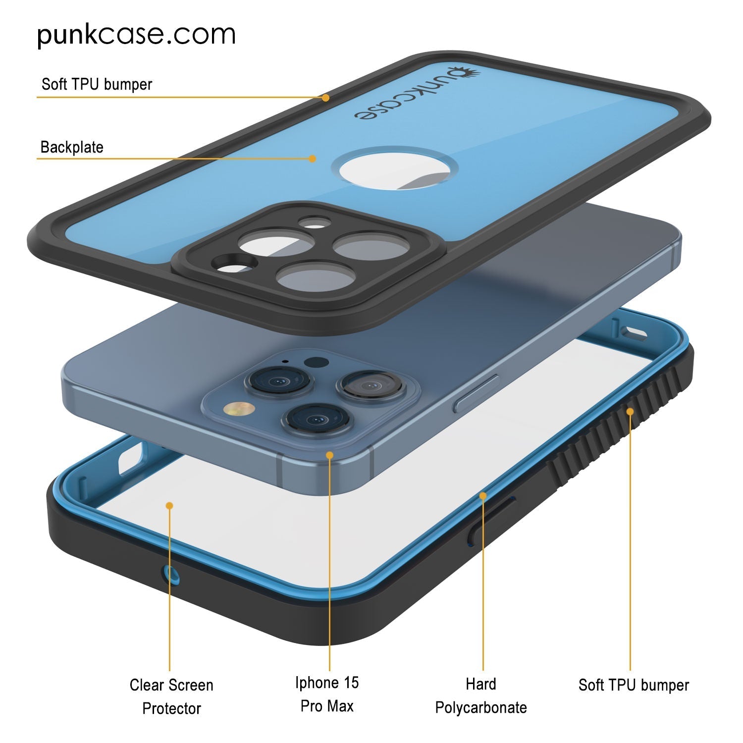 iPhone 16 Pro Max Waterproof IP68 Case, Punkcase [Light blue] [StudStar Series] [Slim Fit] [Dirtproof]