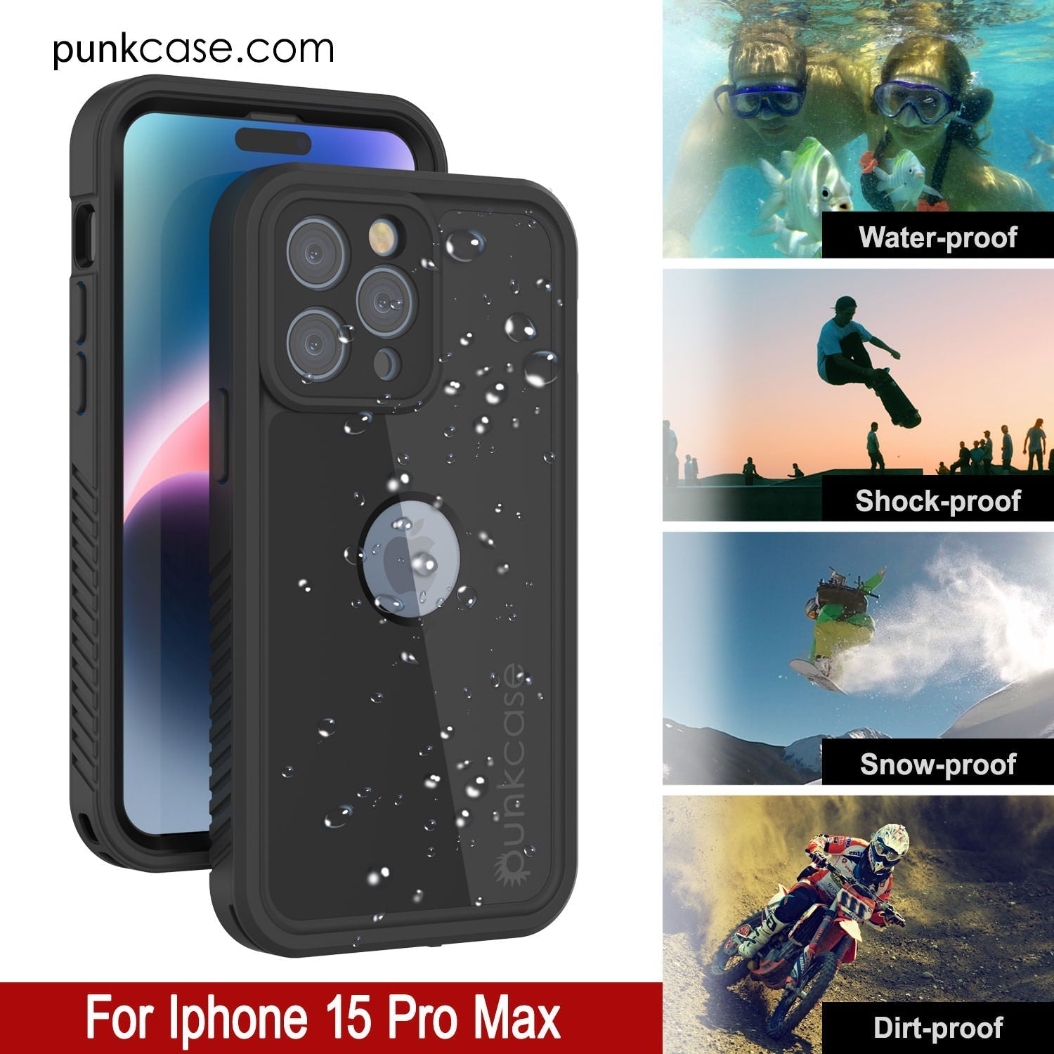 iPhone 16 Pro Max Waterproof IP68 Case, Punkcase [Black] [StudStar Series] [Slim Fit]