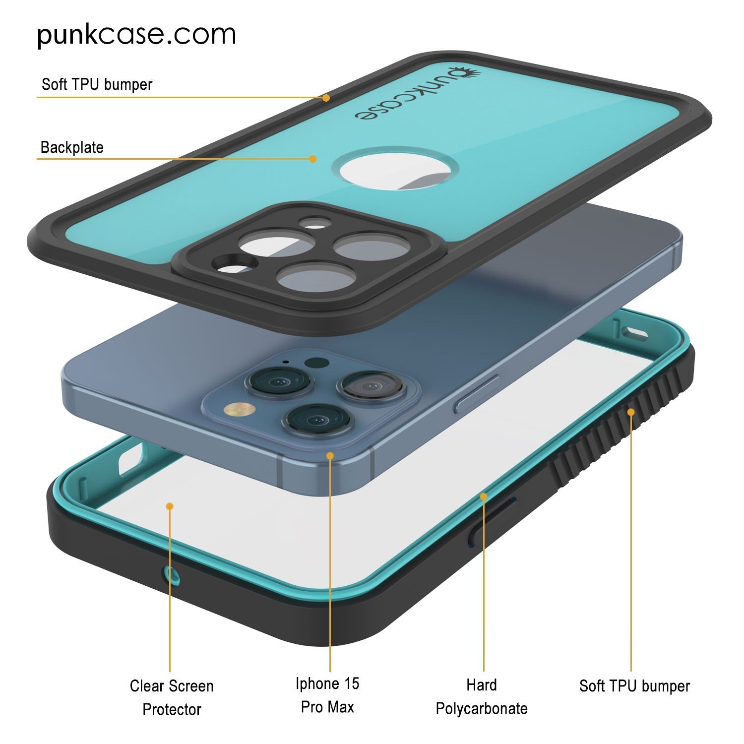 iPhone 16 Pro Max Waterproof IP68 Case, Punkcase [Teal] [StudStar Series] [Slim Fit]