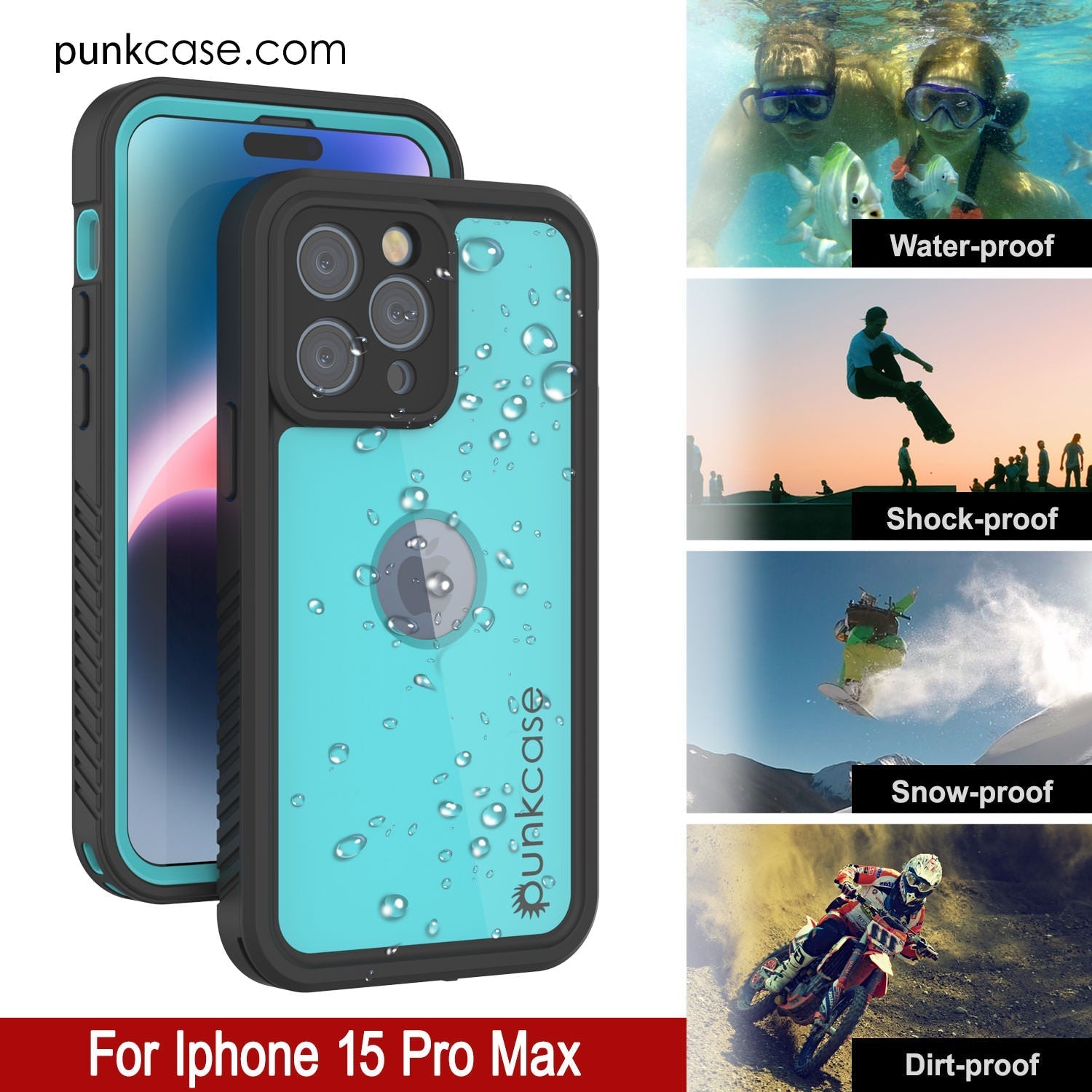 iPhone 16 Pro Max Waterproof IP68 Case, Punkcase [Teal] [StudStar Series] [Slim Fit]