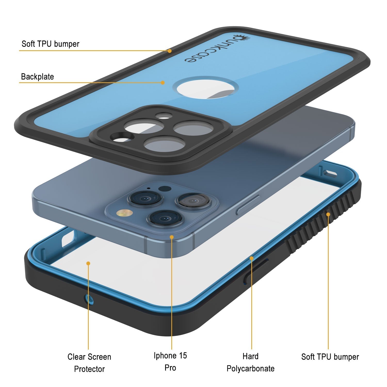 iPhone 16 Pro Waterproof IP68 Case, Punkcase [Light blue] [StudStar Series] [Slim Fit] [Dirtproof]