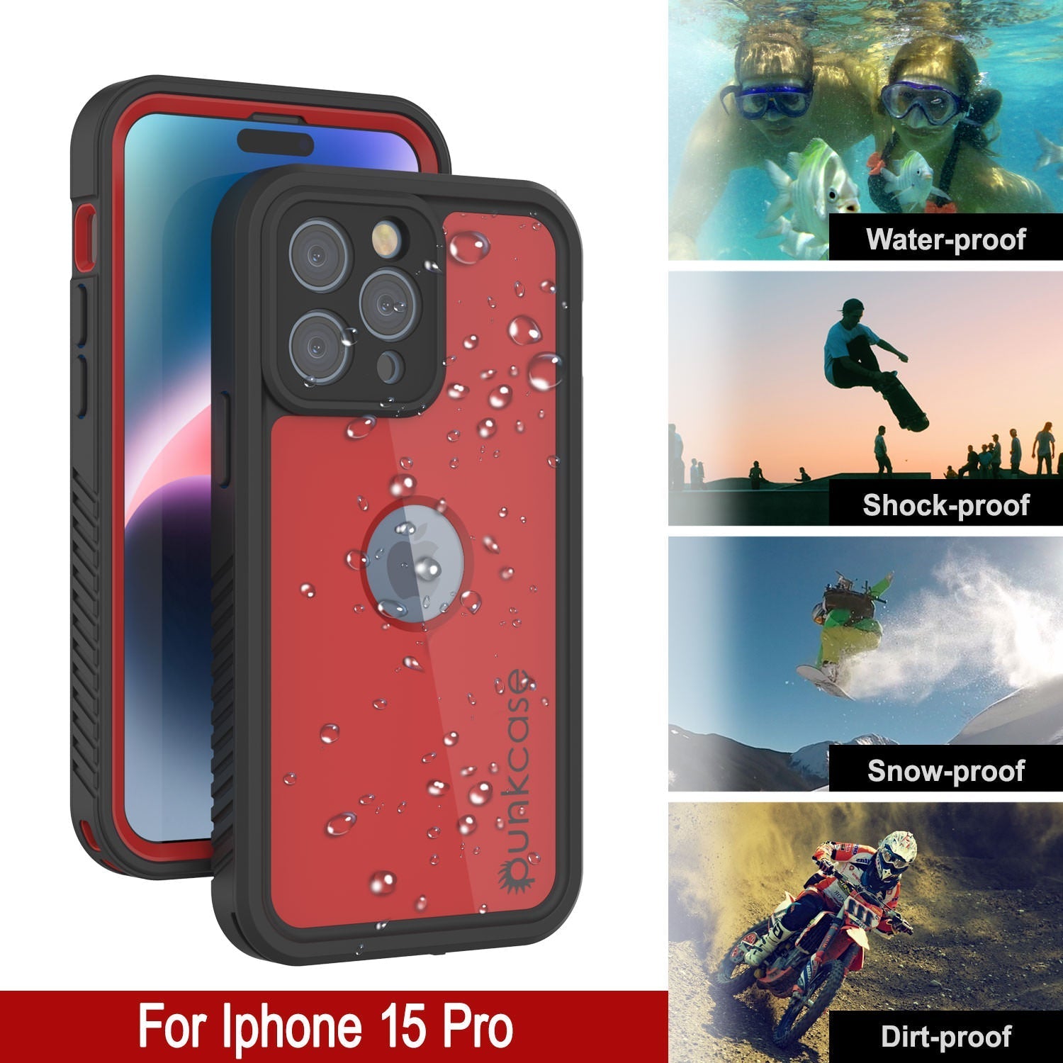 iPhone 16 Pro Waterproof IP68 Case, Punkcase [Red] [StudStar Series] [Slim Fit]