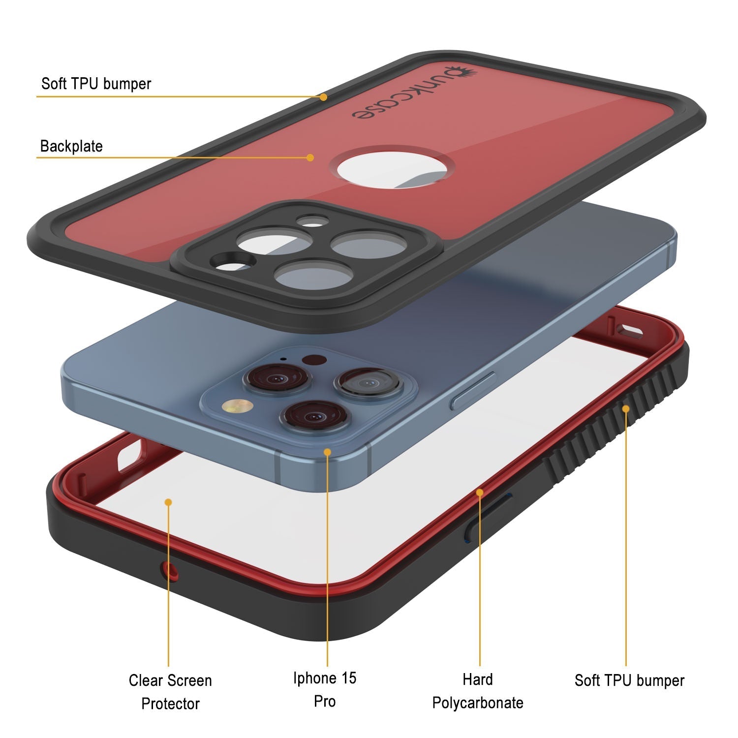 iPhone 16 Pro Waterproof IP68 Case, Punkcase [Red] [StudStar Series] [Slim Fit]