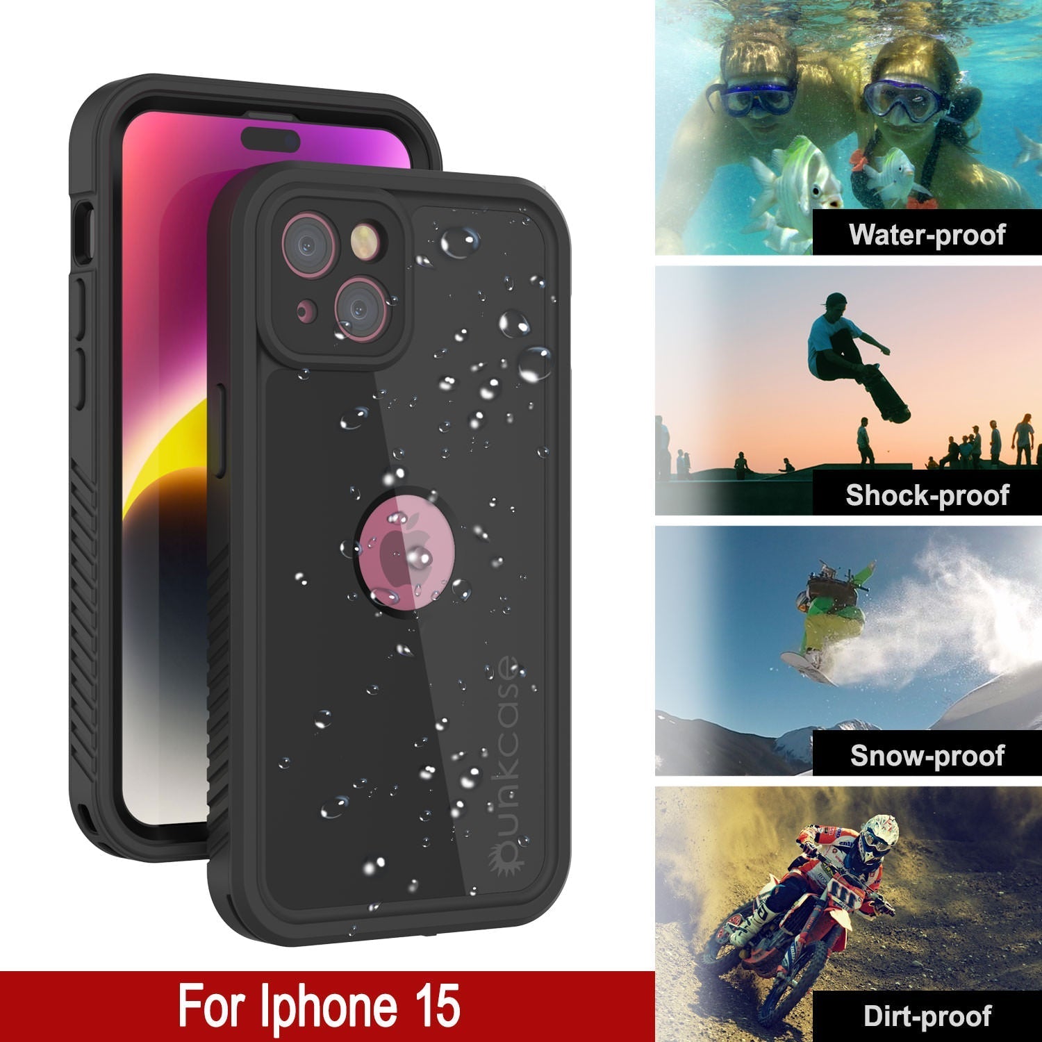 iPhone 16 Waterproof IP68 Case, Punkcase [Black] [StudStar Series] [Slim Fit]