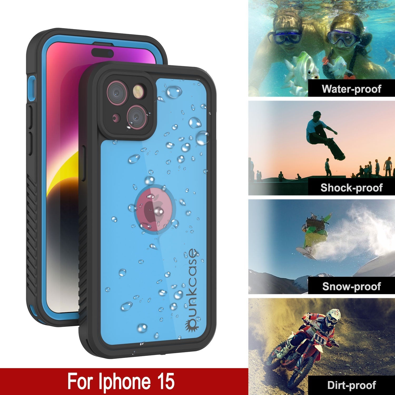 iPhone 16 Waterproof IP68 Case, Punkcase [Light blue] [StudStar Series] [Slim Fit] [Dirtproof]