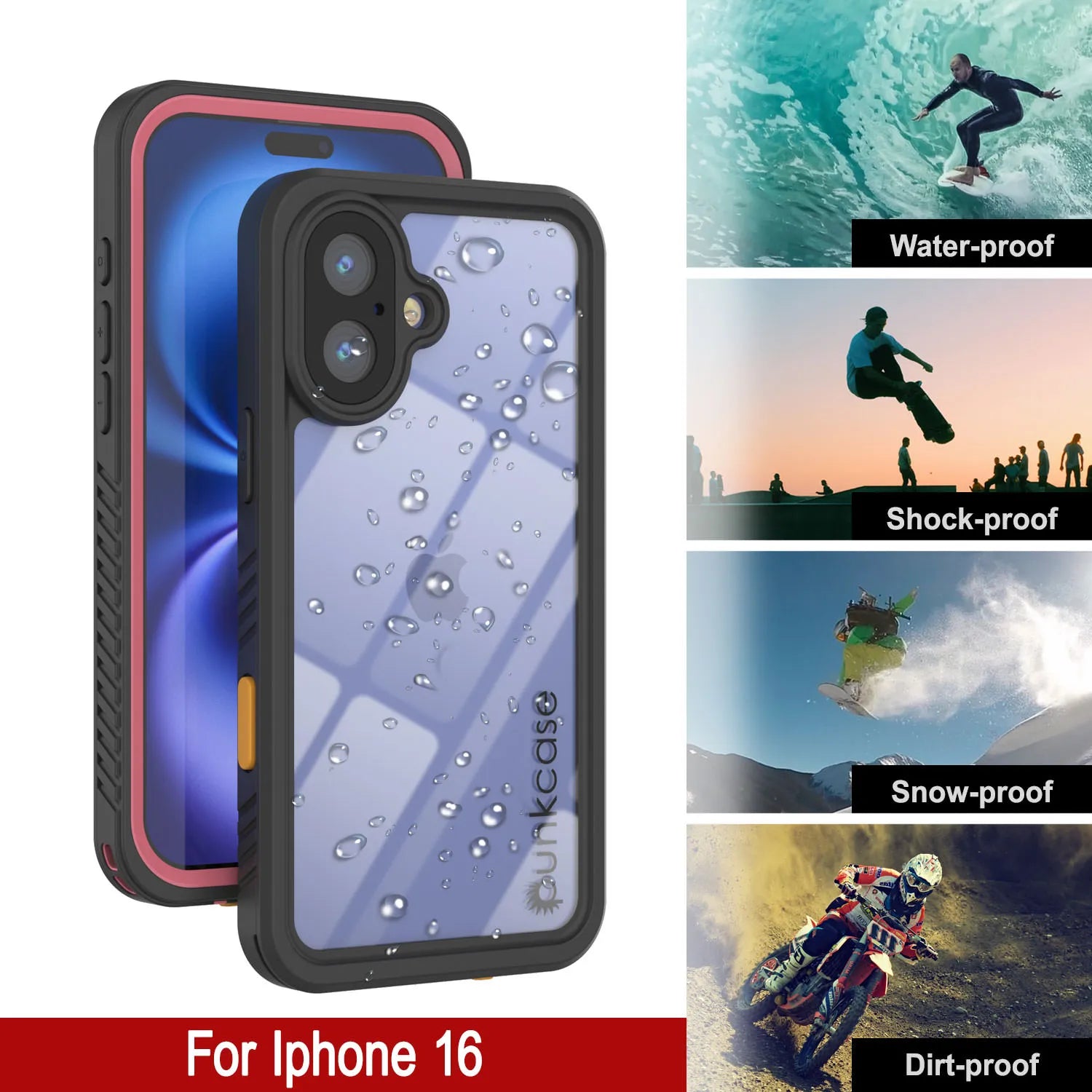 iPhone 16 Waterproof Case, Punkcase [Extreme Series] Armor Cover W/ Built In Screen Protector [Pink]