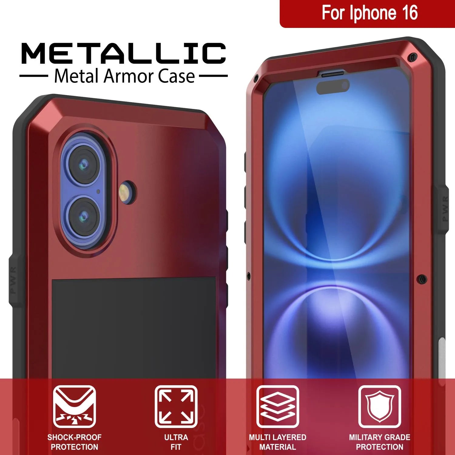 iPhone 16 Metal Case, Heavy Duty Military Grade Armor Cover [shock proof] Full Body Hard [Red]