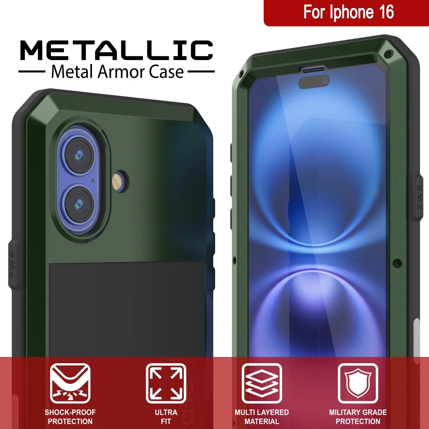 iPhone 16 Metal Case, Heavy Duty Military Grade Armor Cover [shock proof] Full Body Hard [Dark Green]