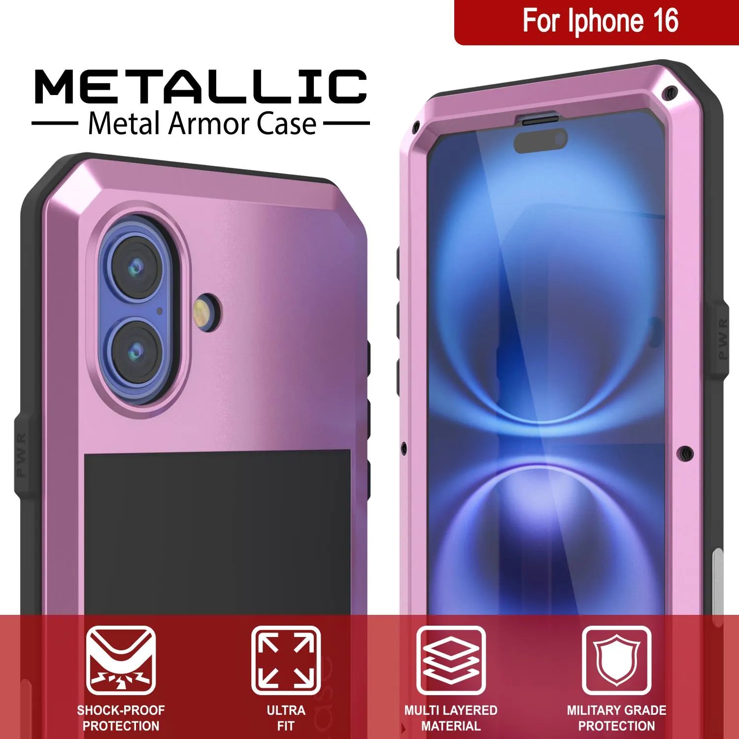 iPhone 16 Metal Case, Heavy Duty Military Grade Armor Cover [shock proof] Full Body Hard [Pink]