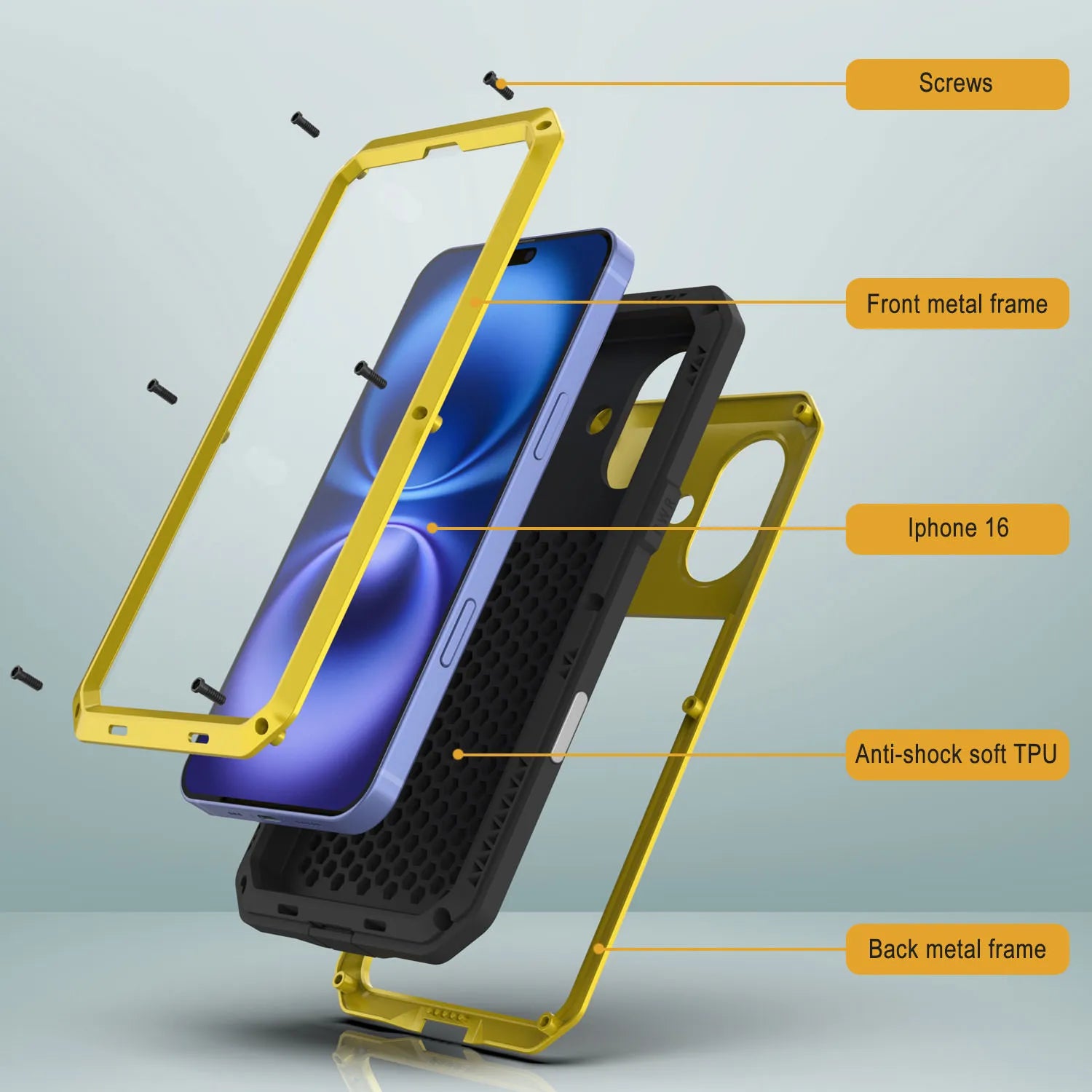 iPhone 16 Metal Case, Heavy Duty Military Grade Armor Cover [shock proof] Full Body Hard [Yellow]