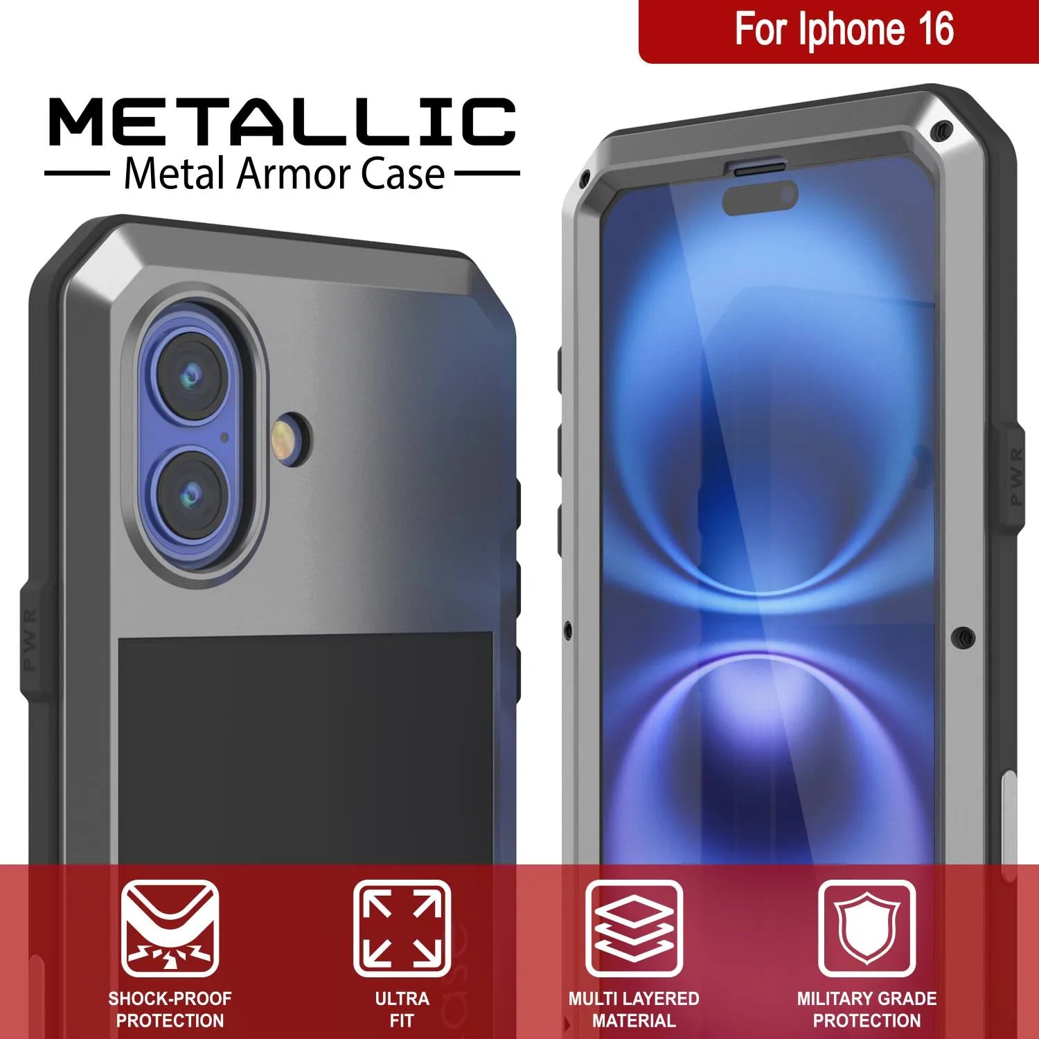 iPhone 16 Metal Case, Heavy Duty Military Grade Armor Cover [shock proof] Full Body Hard [Silver]