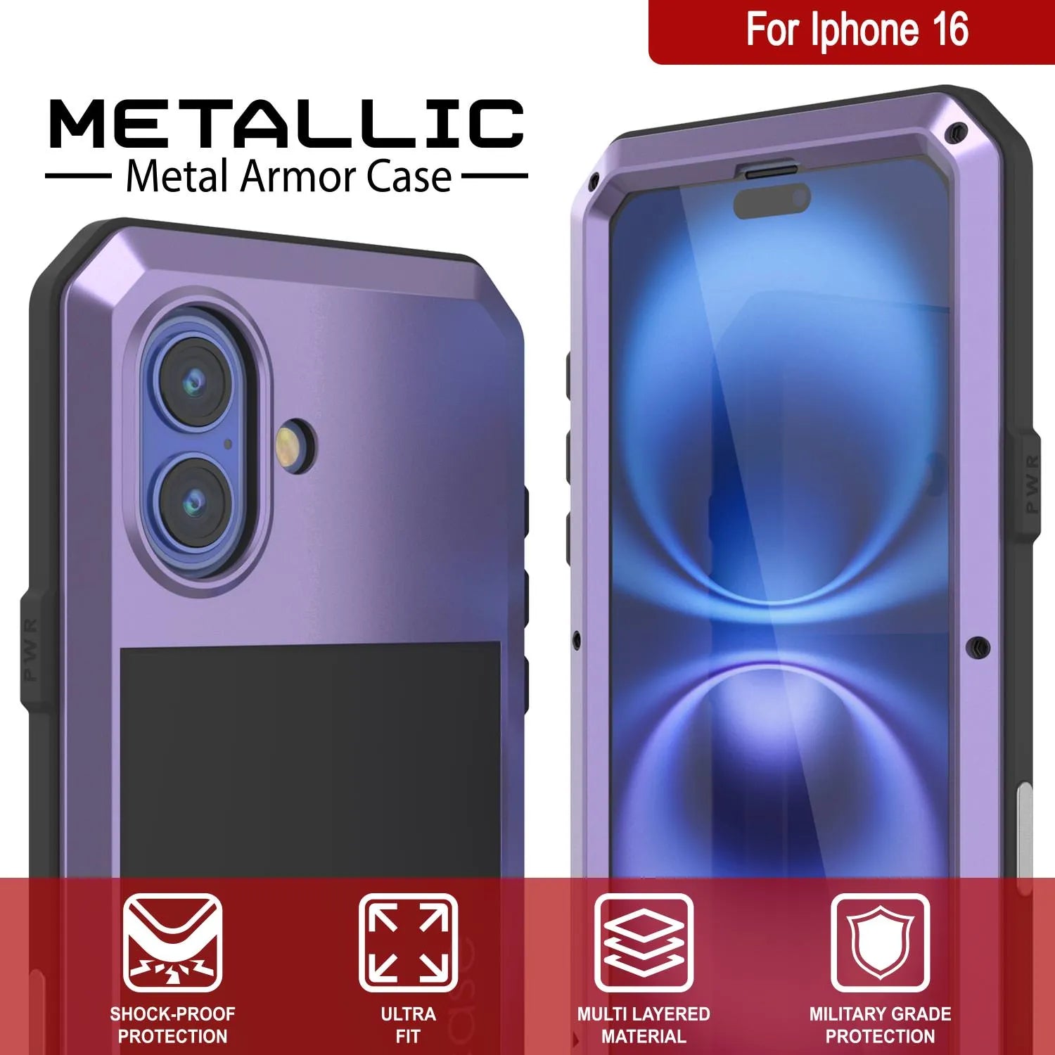 iPhone 16 Metal Case, Heavy Duty Military Grade Armor Cover [shock proof] Full Body Hard [Purple]