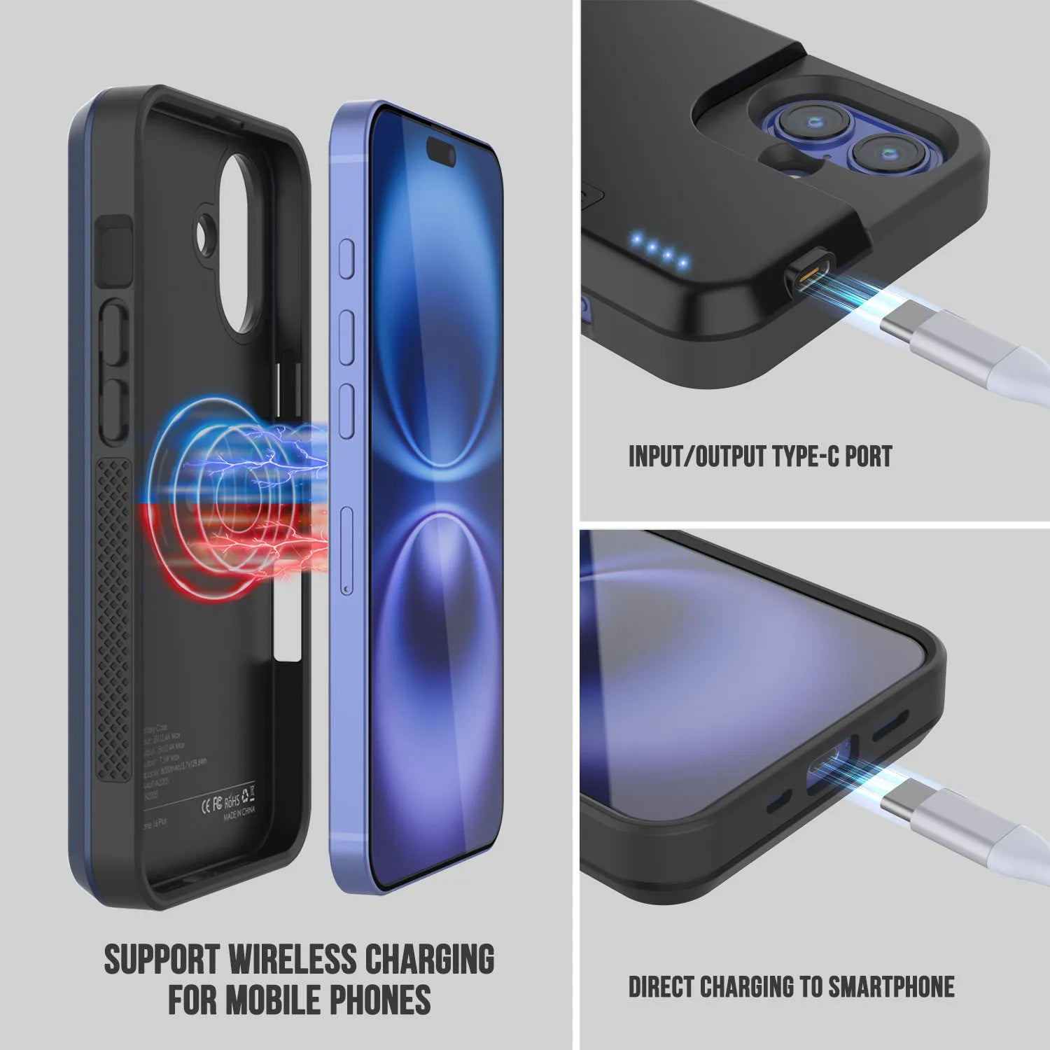 iPhone 16 Plus Battery Case, PunkJuice 8000mAH Fast Charging MagSafe Power Bank W/ Screen Protector | [Navy Blue]