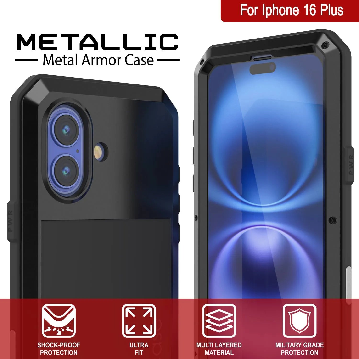 iPhone 16 Plus Metal Case, Heavy Duty Military Grade Armor Cover [shock proof] Full Body Hard [Black]