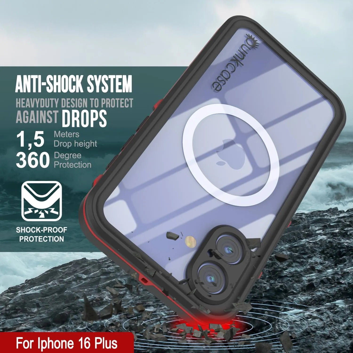 iPhone 16+ Plus Waterproof Case, Punkcase SpikeStar Red Series | Thin Fit 6.6ft Underwater IP68