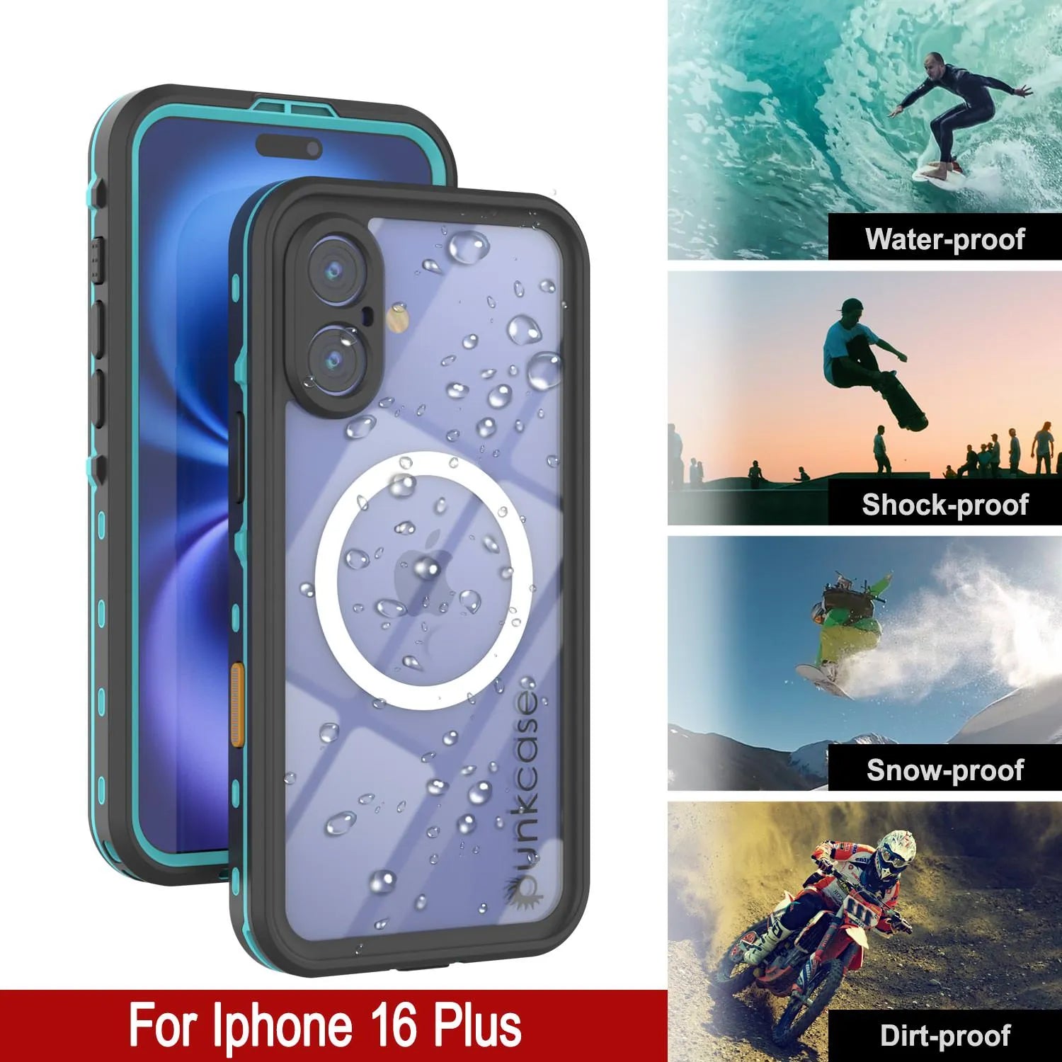 iPhone 16+ Plus Waterproof Case, Punkcase SpikeStar Teal Series | Thin Fit 6.6ft Underwater IP68