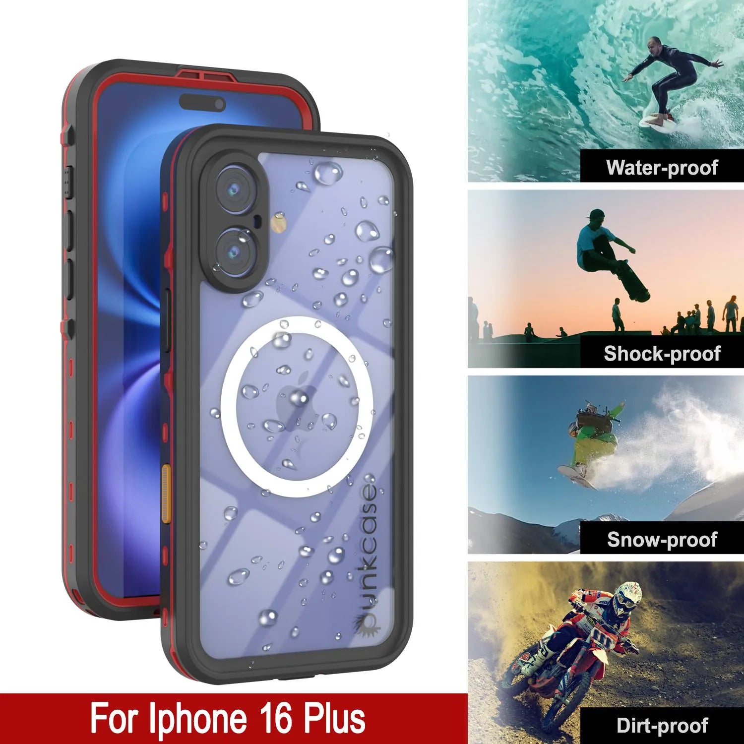 iPhone 16+ Plus Waterproof Case, Punkcase SpikeStar Red Series | Thin Fit 6.6ft Underwater IP68