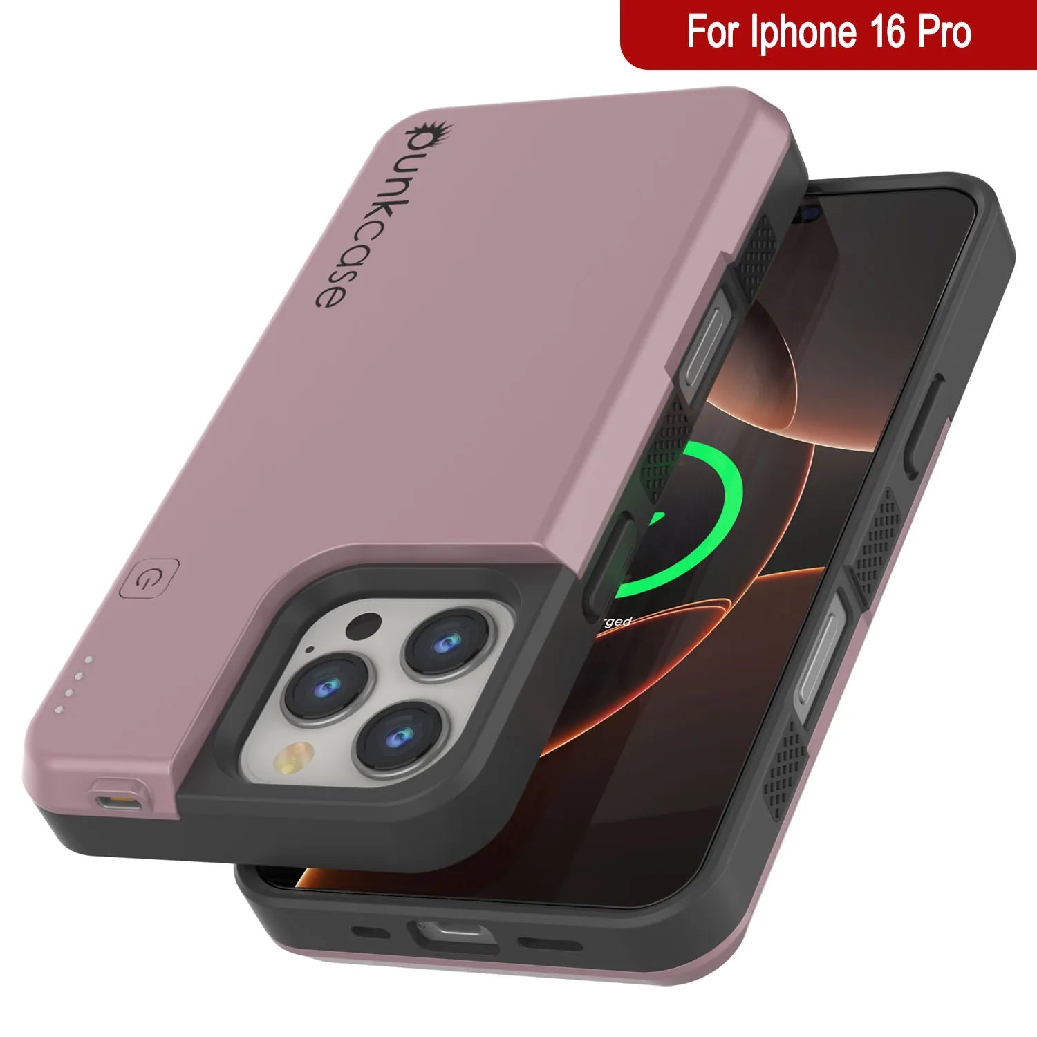 iPhone 16 Pro Battery Case, PunkJuice 5000mAH Fast Charging MagSafe Power Bank W/ Screen Protector | [Rose-Gold]