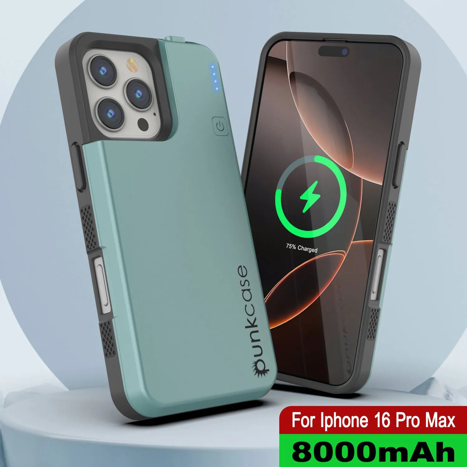 iPhone 16 Pro Max Battery Case, PunkJuice 8000mAH Fast Charging MagSafe Power Bank W/ Screen Protector | [Teal]