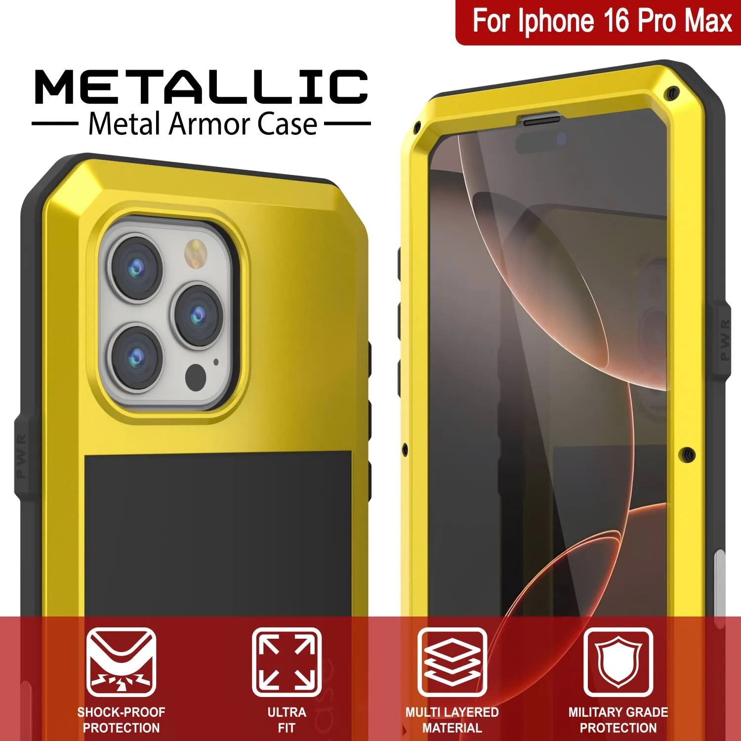 iPhone 16 Pro Max Metal Case, Heavy Duty Military Grade Armor Cover [shock proof] Full Body Hard [Yellow]