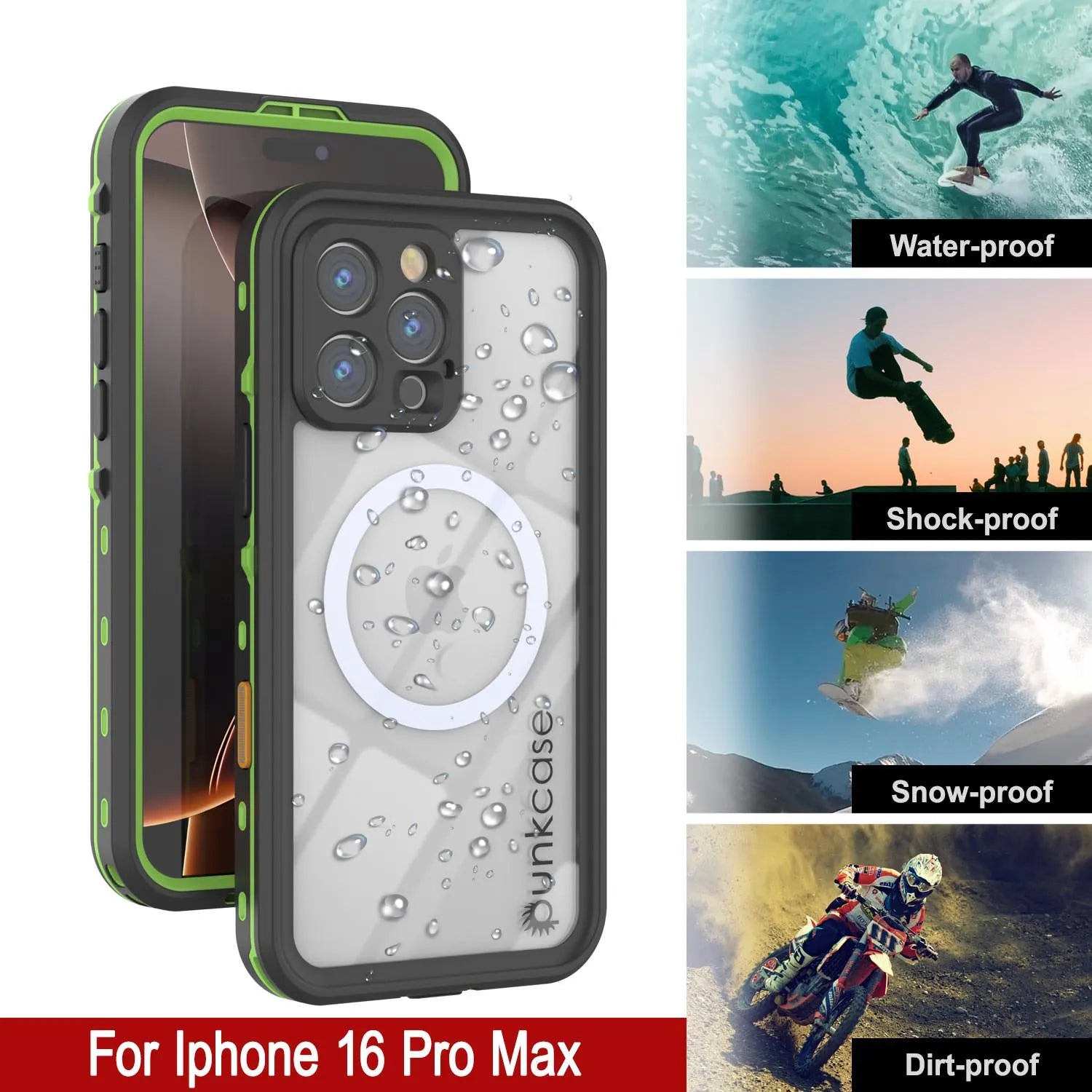 iPhone 16 Pro Max Waterproof Case, Punkcase SpikeStar Light-Green Series | Thin Fit 6.6ft Underwater IP68