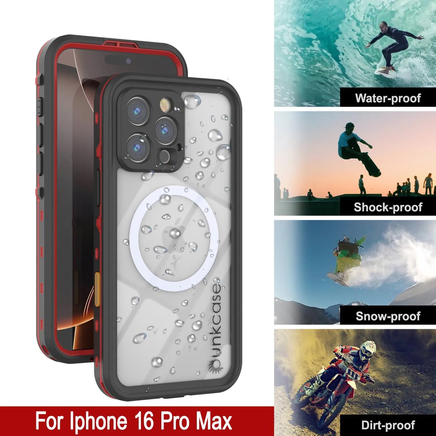 iPhone 16 Pro Max Waterproof Case, Punkcase SpikeStar Red Series | Thin Fit 6.6ft Underwater IP68