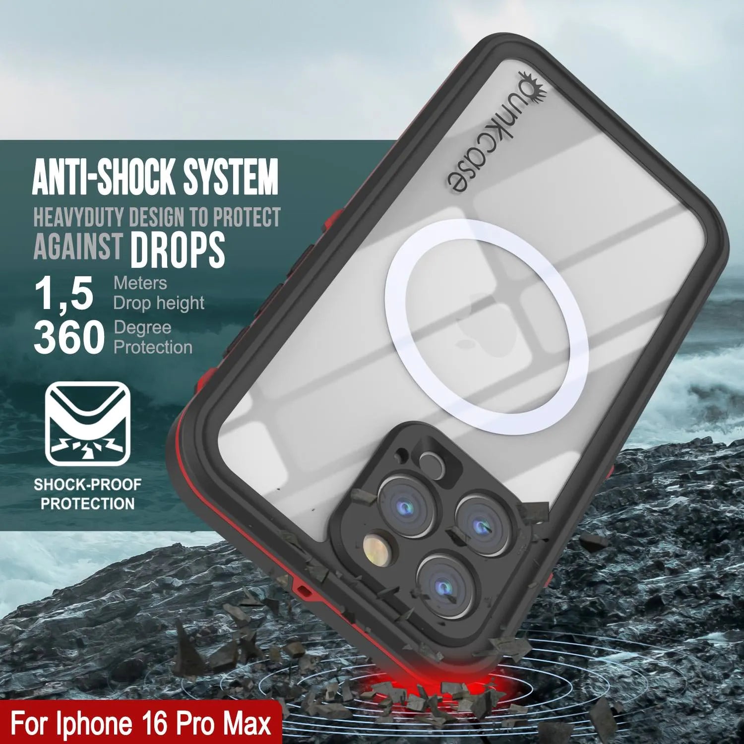 iPhone 16 Pro Max Waterproof Case, Punkcase SpikeStar Red Series | Thin Fit 6.6ft Underwater IP68