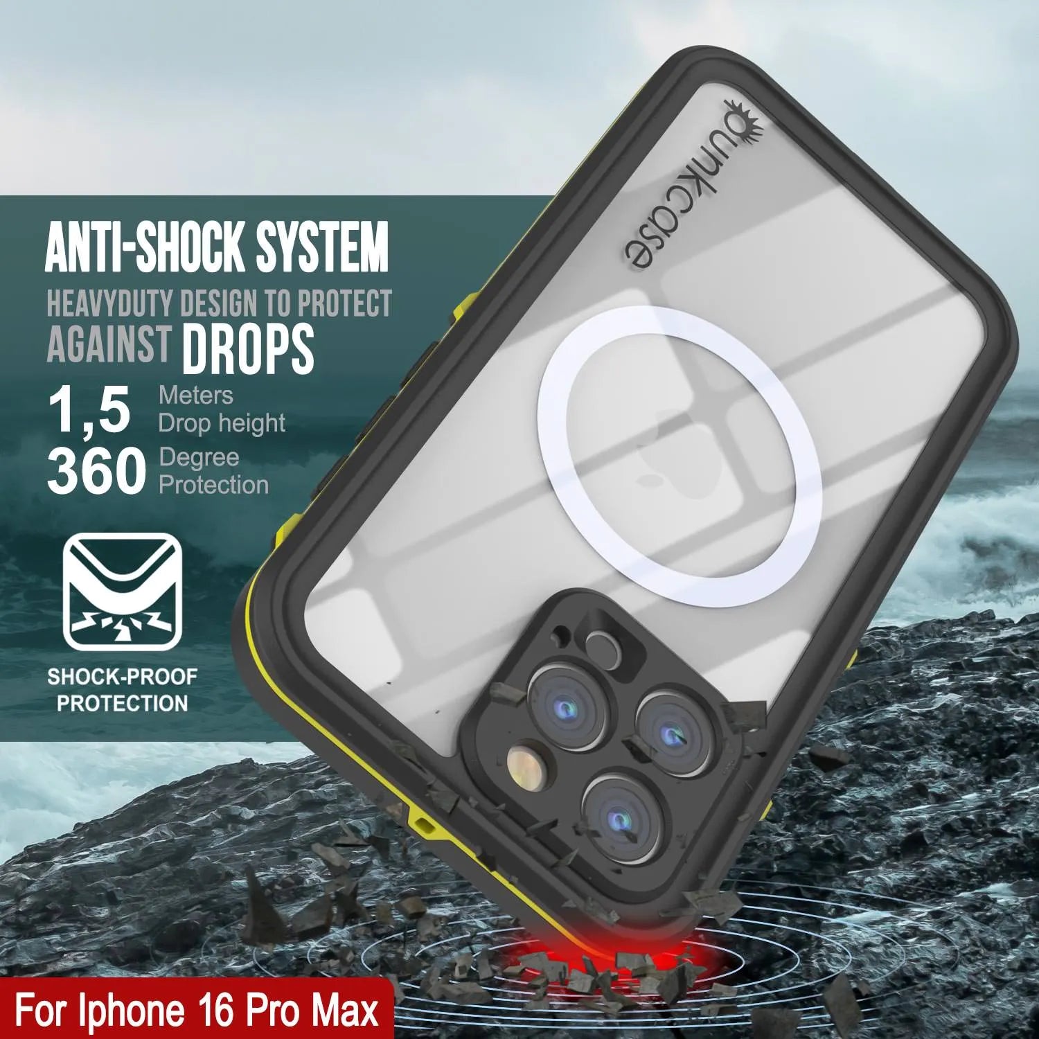 iPhone 16 Pro Max Waterproof Case, Punkcase SpikeStar Yellow Series | Thin Fit 6.6ft Underwater IP68