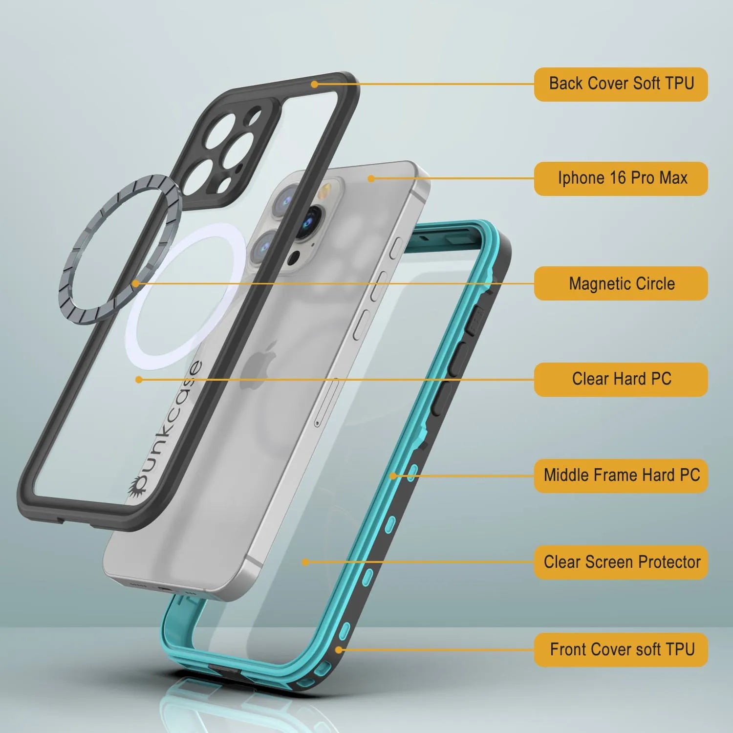 iPhone 16 Pro Max Waterproof Case, Punkcase SpikeStar Teal Series | Thin Fit 6.6ft Underwater IP68