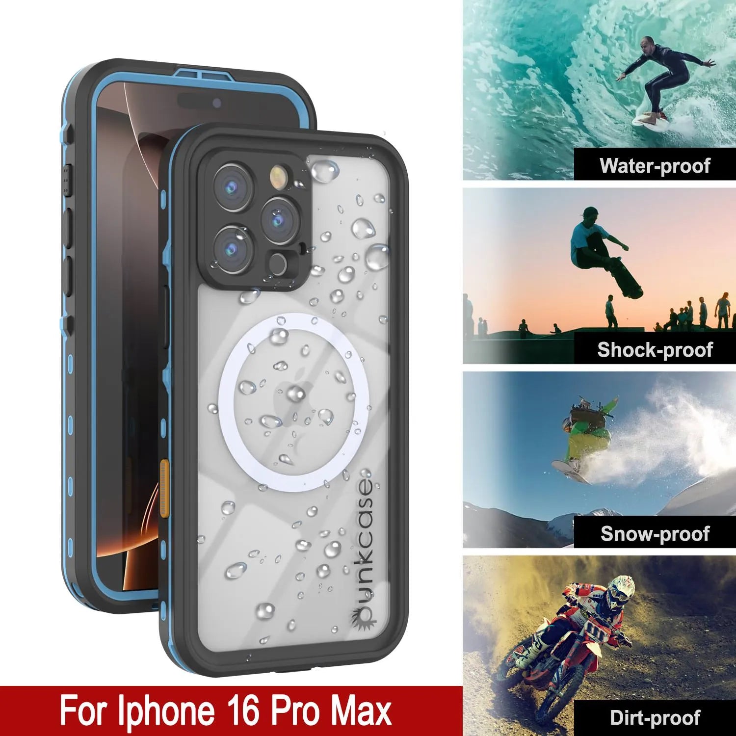 iPhone 16 Pro Max Waterproof Case, Punkcase SpikeStar Light-Blue Series | Thin Fit 6.6ft Underwater IP68