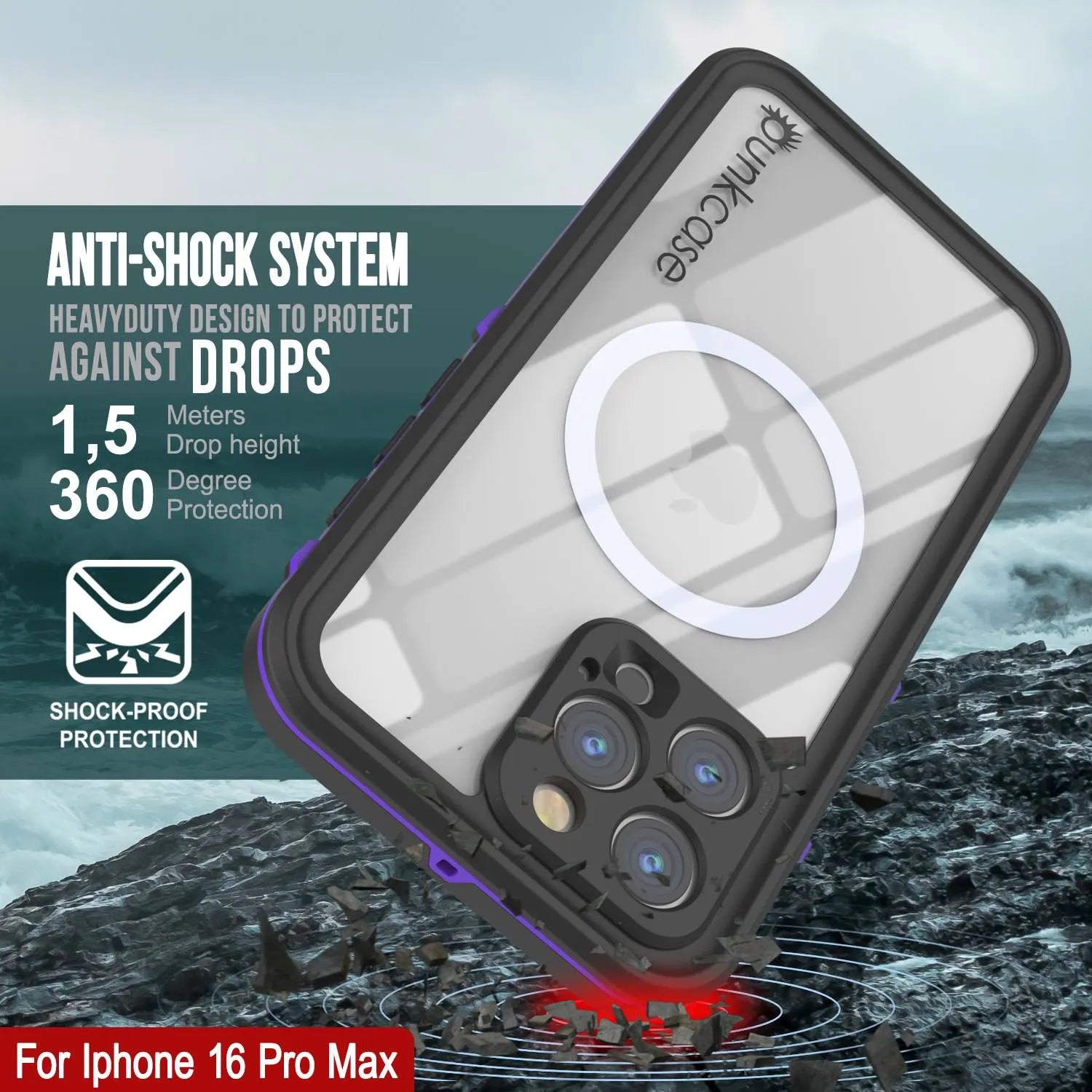 iPhone 16 Pro Max Waterproof Case, Punkcase SpikeStar Purple Series | Thin Fit 6.6ft Underwater IP68