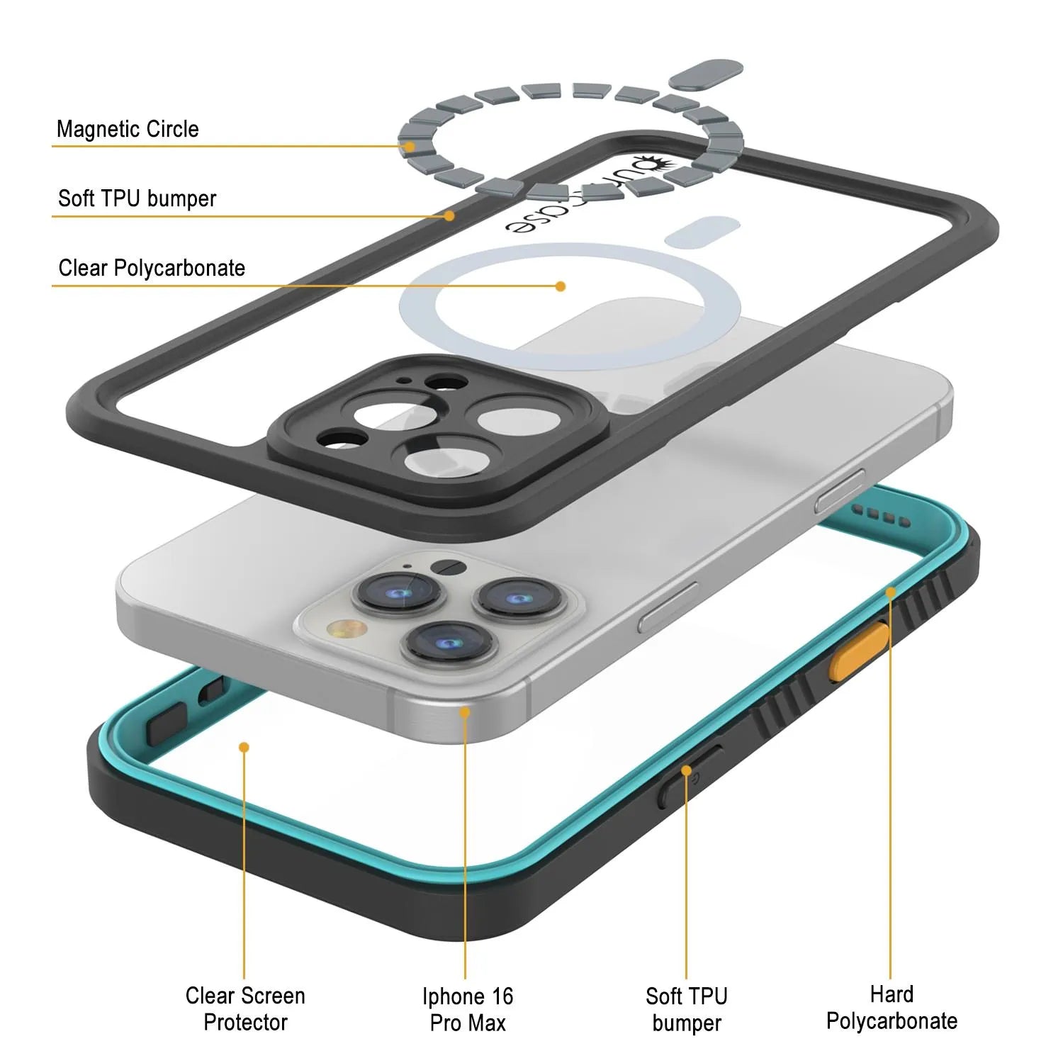 iPhone 16 Pro Max Waterproof Case, Punkcase [Extreme Mag Series] Armor Cover W/ Built In Screen Protector [Teal]